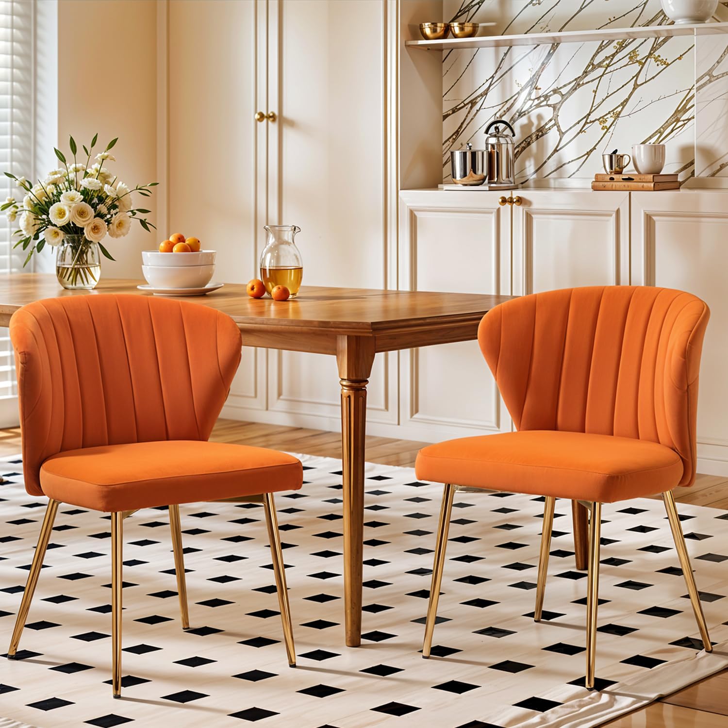 Velvet Dining Chairs Set of 2, Modern Upholstered Vanity Chairs with Golden Metal Legs for Dining Room Kitchen Vanity Patio (Green)