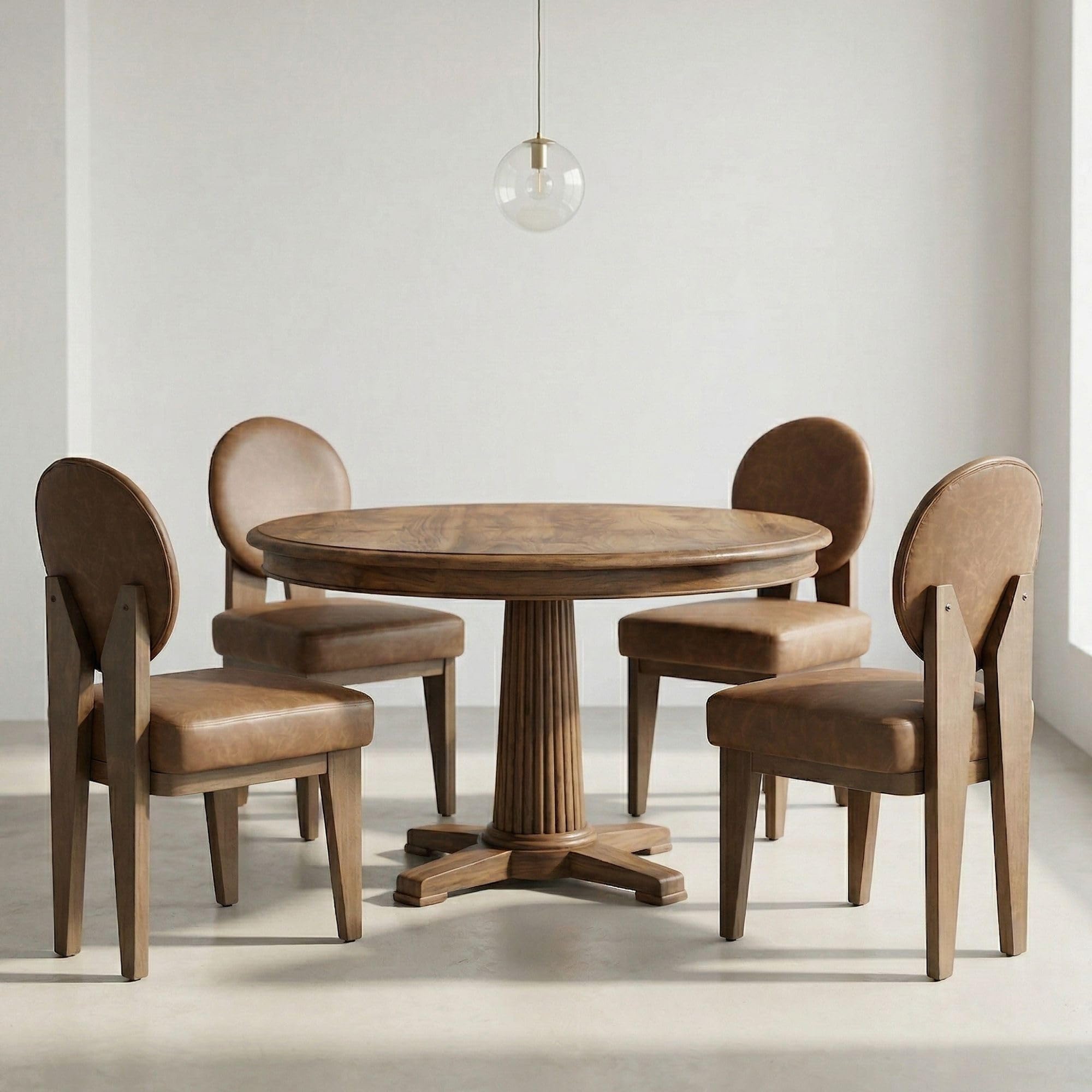 Hyfirm Mid-Century Modern Walnut Dining Chairs Set of 2, Vintage Brown Leather Wooden Kitchen Chairs, Retro Upholstered PU Cushioned Seat with Curved Backrest, Armless Accent Side Chair for Bedroom