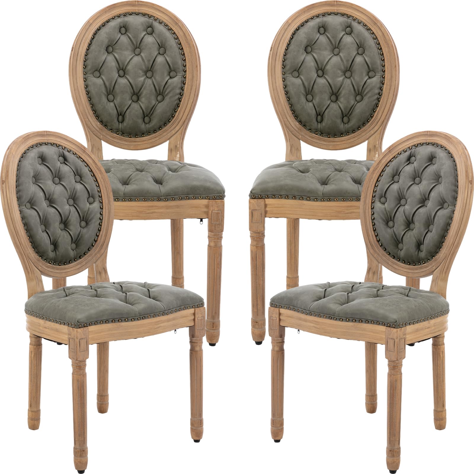 Vintage French Rattan Dining Chairs Set of 4, Solid Wood Frame with Round Rattan Back and Linen Upholstered Seat, Farmhouse Accent Sillas de Comedor Side Chairs for Dining Room & Kitchen, Beige