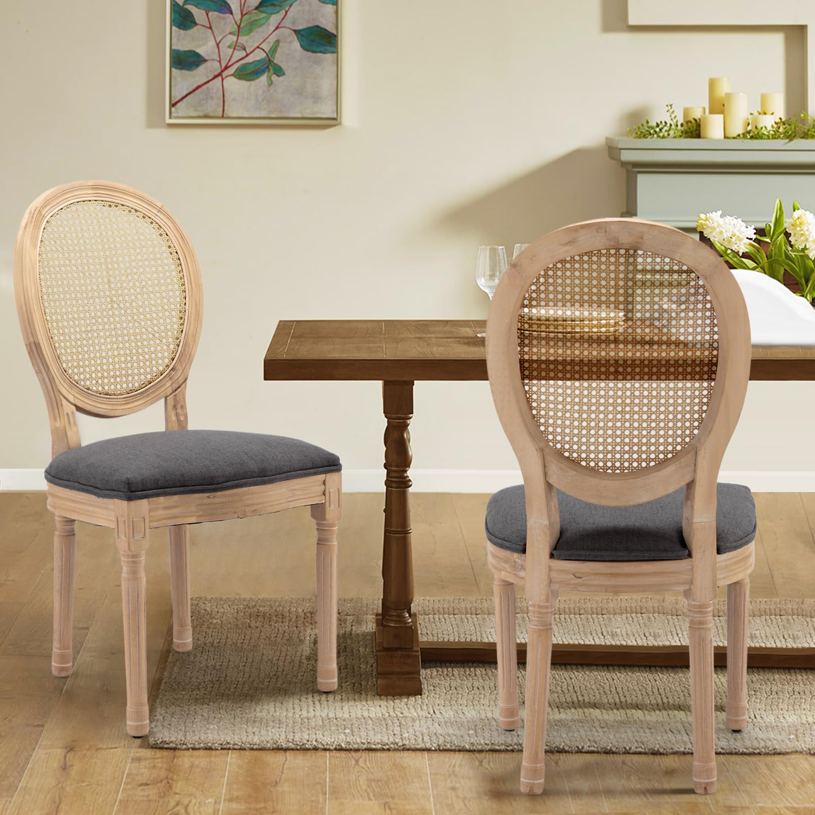 Rattan Back Upholstered Dining Chairs Set of 4 French Country Oval Kitchen Side Chairs with Wood Legs for Dining Room, Kitchen, Restaurant(Beige-Rattan)