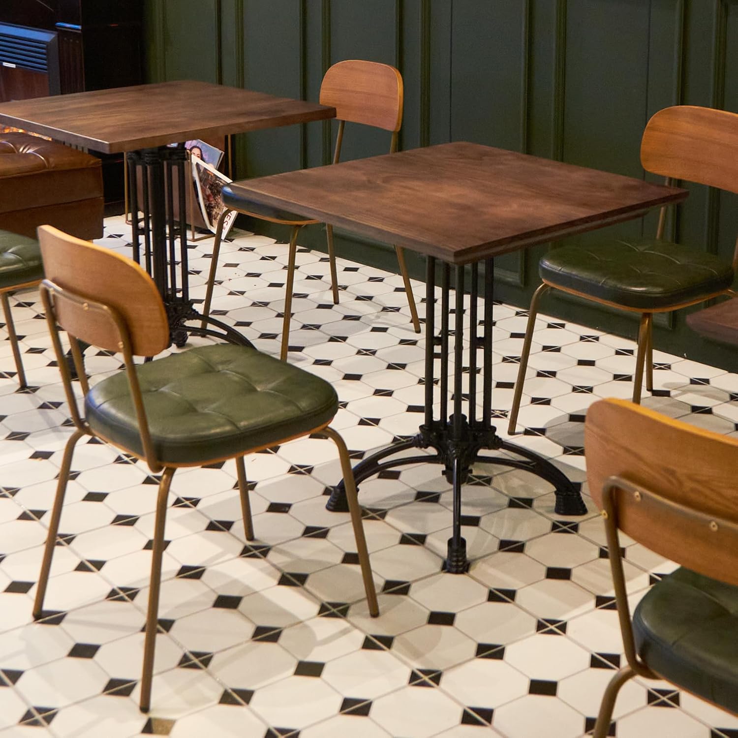Mid Century Modern Dining Chairs Set of 2, Retro Chair with Faux Leather Upholstered Seat & Solid Wood Backrests & Vintage Distressing Metal Legs & Leg Protectors for Kitchen Dining Room (Dark Green)