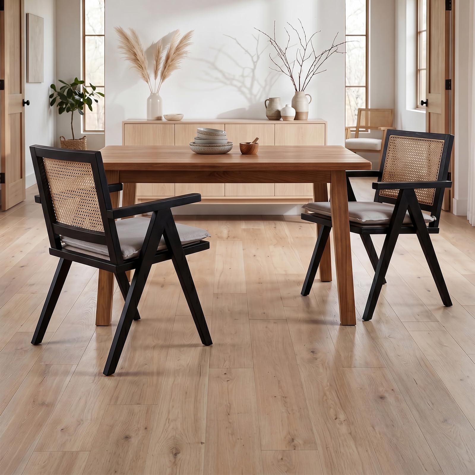Hyfirm Rattan Dining Chairs Set of 2, Cane Back Wooden Kitchen Chairs with Bamboo Wicker Seat Mid Century Modern Side Chairs with Arms, Walnut