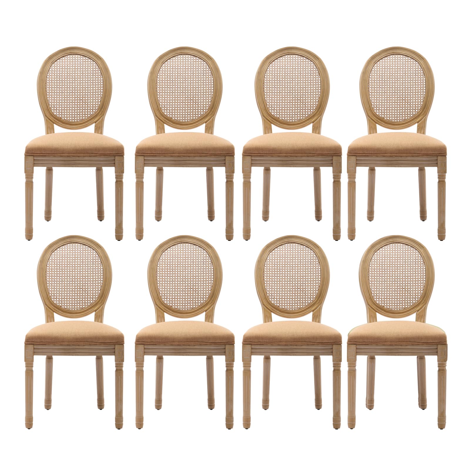 French Country Dining Chairs Set of 4，Fabric Upholstered Dining Chair with Round Back and Solid Leg, Rattan Kitchen Chairs for Dining Room, Living Room, Kitchen, Olive Green