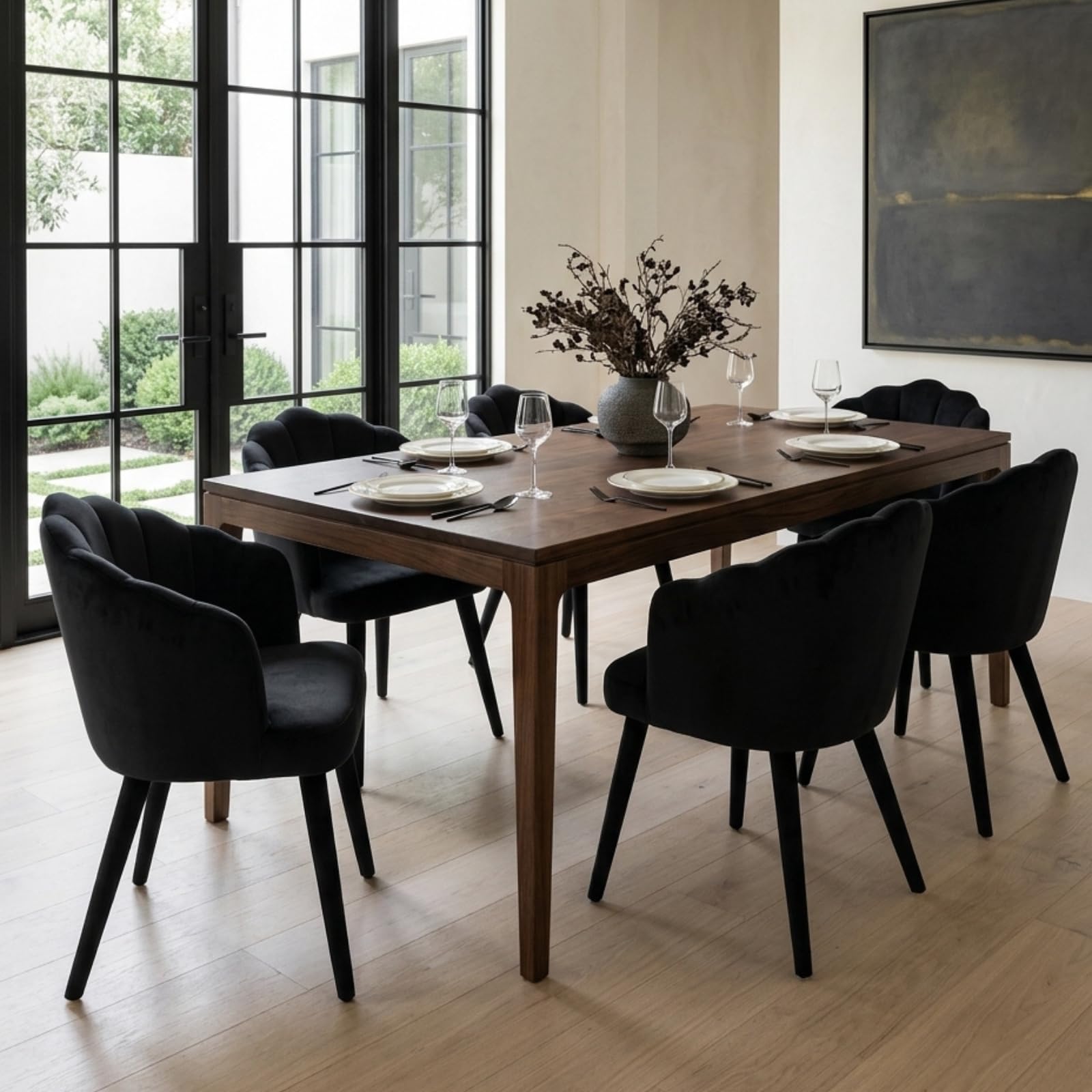 Hyfirm Mid-Century Modern Walnut Dining Chairs Set of 2, Vintage Brown Leather Wooden Kitchen Chairs, Retro Upholstered PU Cushioned Seat with Curved Backrest, Armless Accent Side Chair for Bedroom