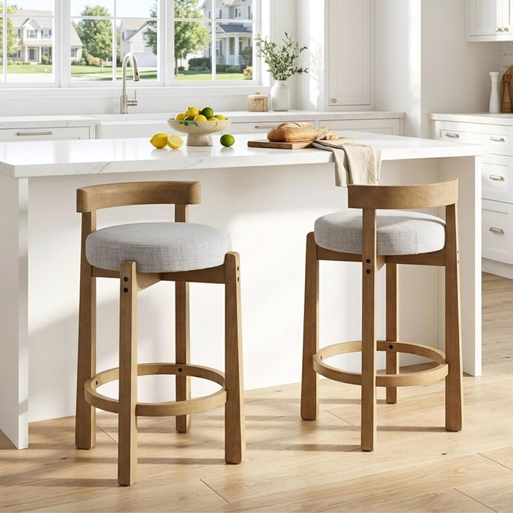 HEAH-YO Mid Century Modern Bar Stools Set of 4, 26.5" Counter Stools with Back, Linen Upholstered Barstools with Solid Wood Legs Bar Chairs for Kitchen Island Dining Room, Light Grey