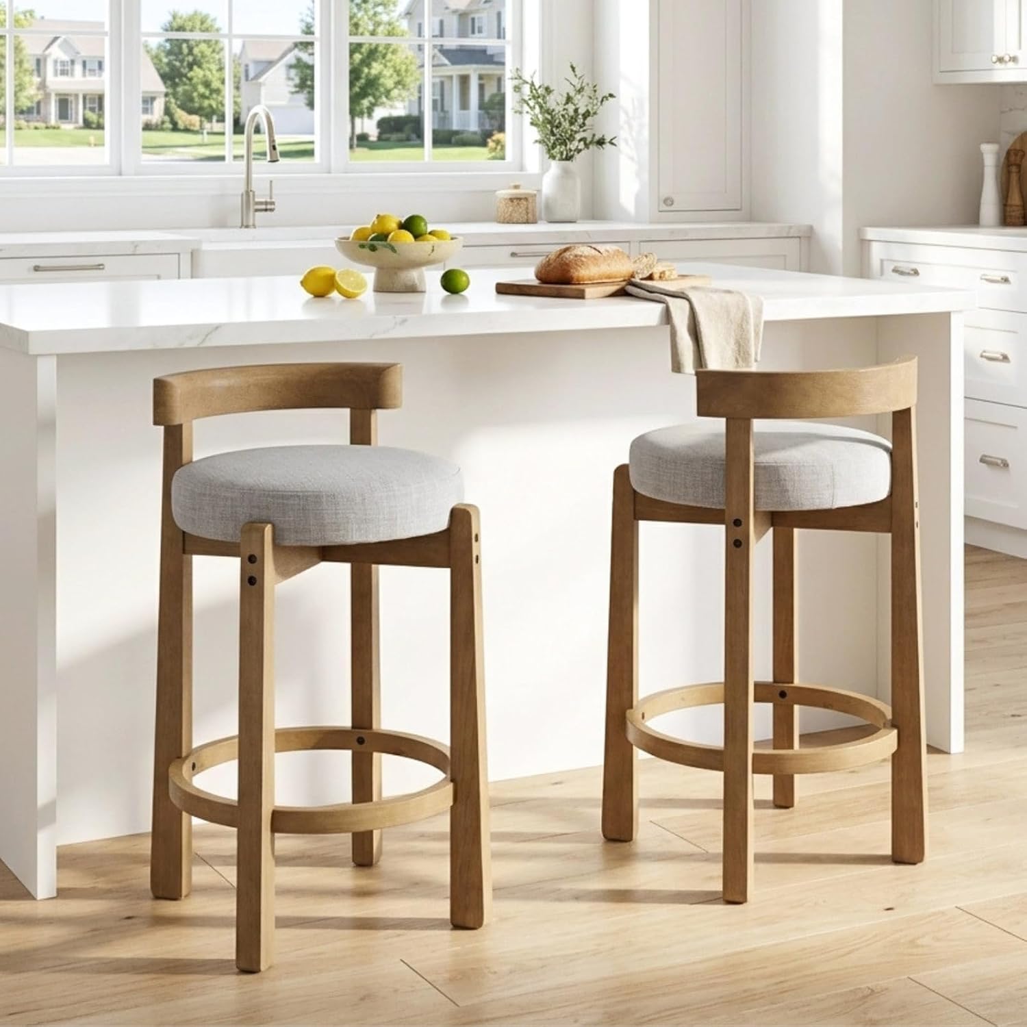 HEAH-YO Mid Century Modern Bar Stools Set of 4, 26.5" Counter Stools with Back, Linen Upholstered Barstools with Solid Wood Legs Bar Chairs for Kitchen Island Dining Room, Light Grey