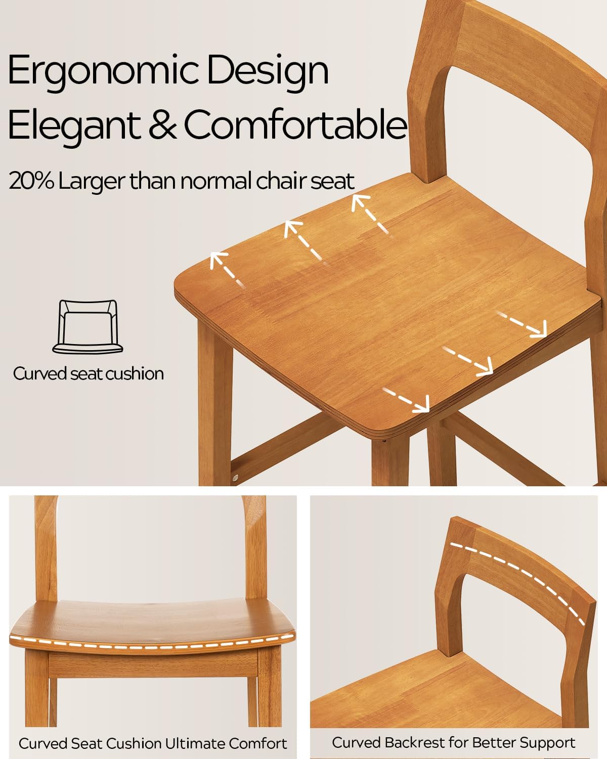 EYYTHUNG Counter Height Stools Set of 3, Farmhouse 25” Bar Stools with Solid Wood Legs & Back, Mid Century Modern Barstools Chairs for Kitchen Island, Dining Room, Cafe, Pub, Dark Oak