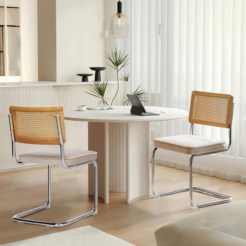 Rattan Dining Chairs Set of 4,Upholstered Mid-Century Modern Dining Room Chairs with Cane Backrest,Retro Velvet Kitchen Chairs with Stainless Chrome Base,Green