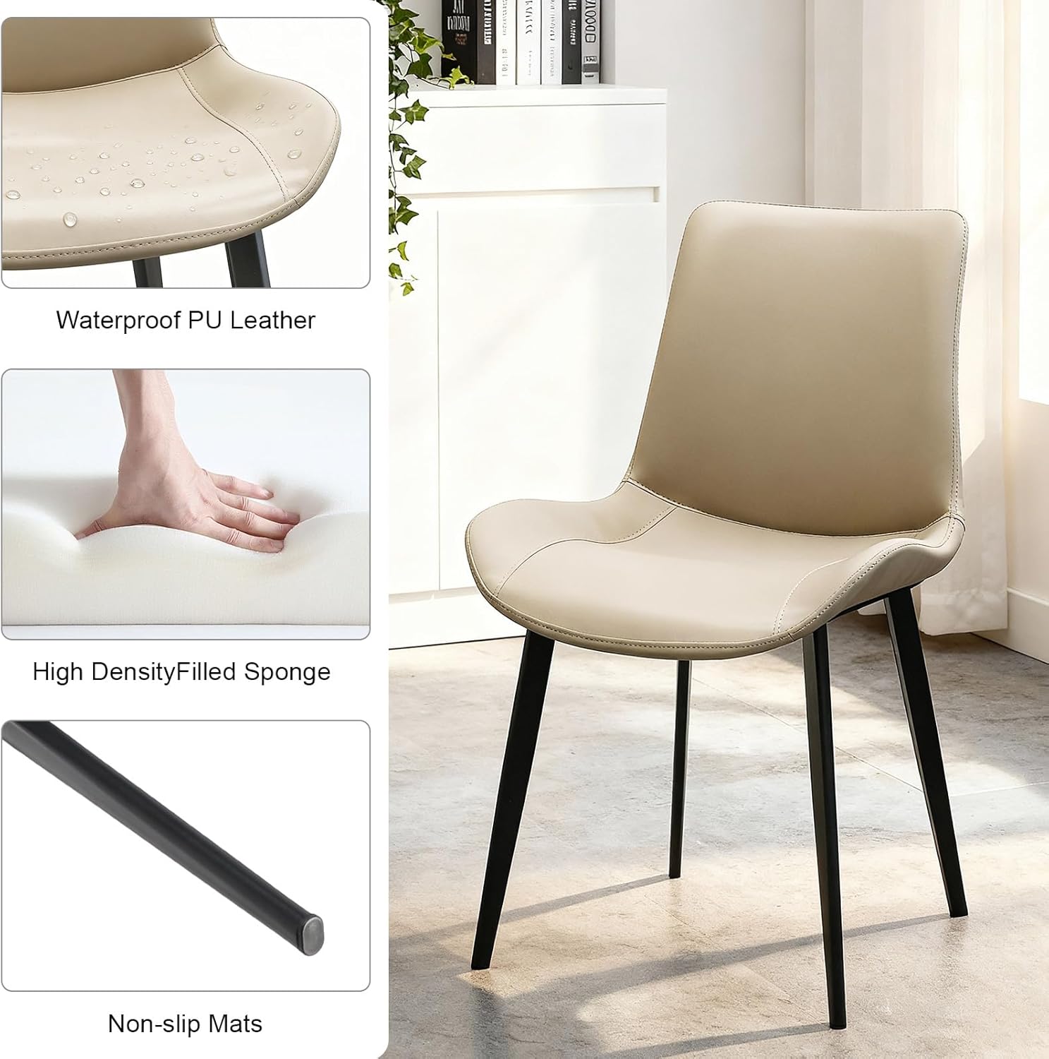 Modern Dining Chairs Set of 4, PU Leather Dining Room Chairs, Upholstered Kitchen Chairs with Ergonomic Backrest & Sturdy Metal Legs, Perfect for Dining Room, Restaurant, Beige