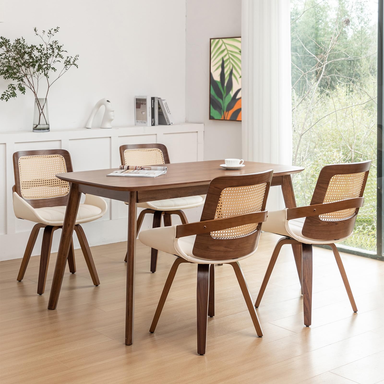 Set of 2 Green Rattan Dining Chairs - Mid Century Modern Dining Chairs with Walnut Bentwood Frame, Ergonomic Rattan Back, Curved Arms, Versatile for Living Room/Conference/Kitchen (Walnut Green)