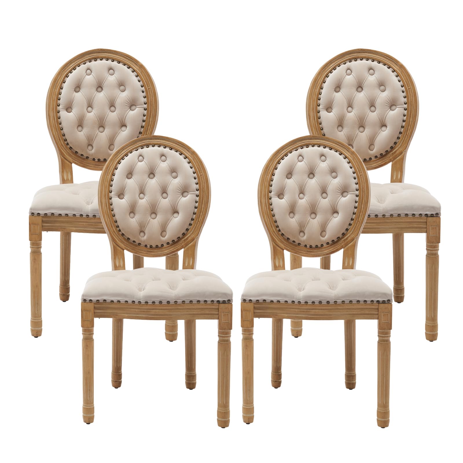 French Country Dining Chairs Set of 4，Fabric Upholstered Dining Chair with Round Back and Solid Leg, Rattan Kitchen Chairs for Dining Room, Living Room, Kitchen, Olive Green