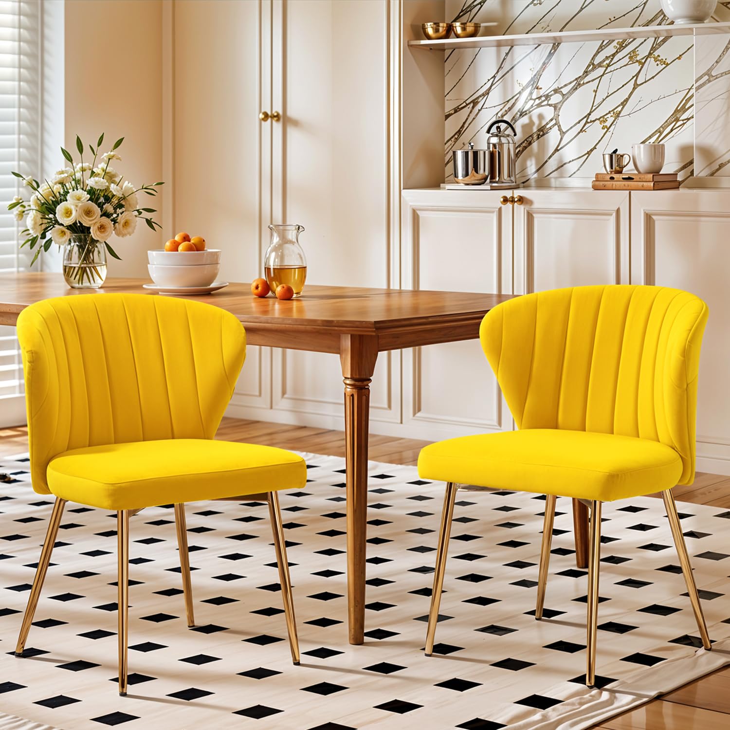 Velvet Dining Chairs Set of 2, Modern Upholstered Vanity Chairs with Golden Metal Legs for Dining Room Kitchen Vanity Patio (Black)