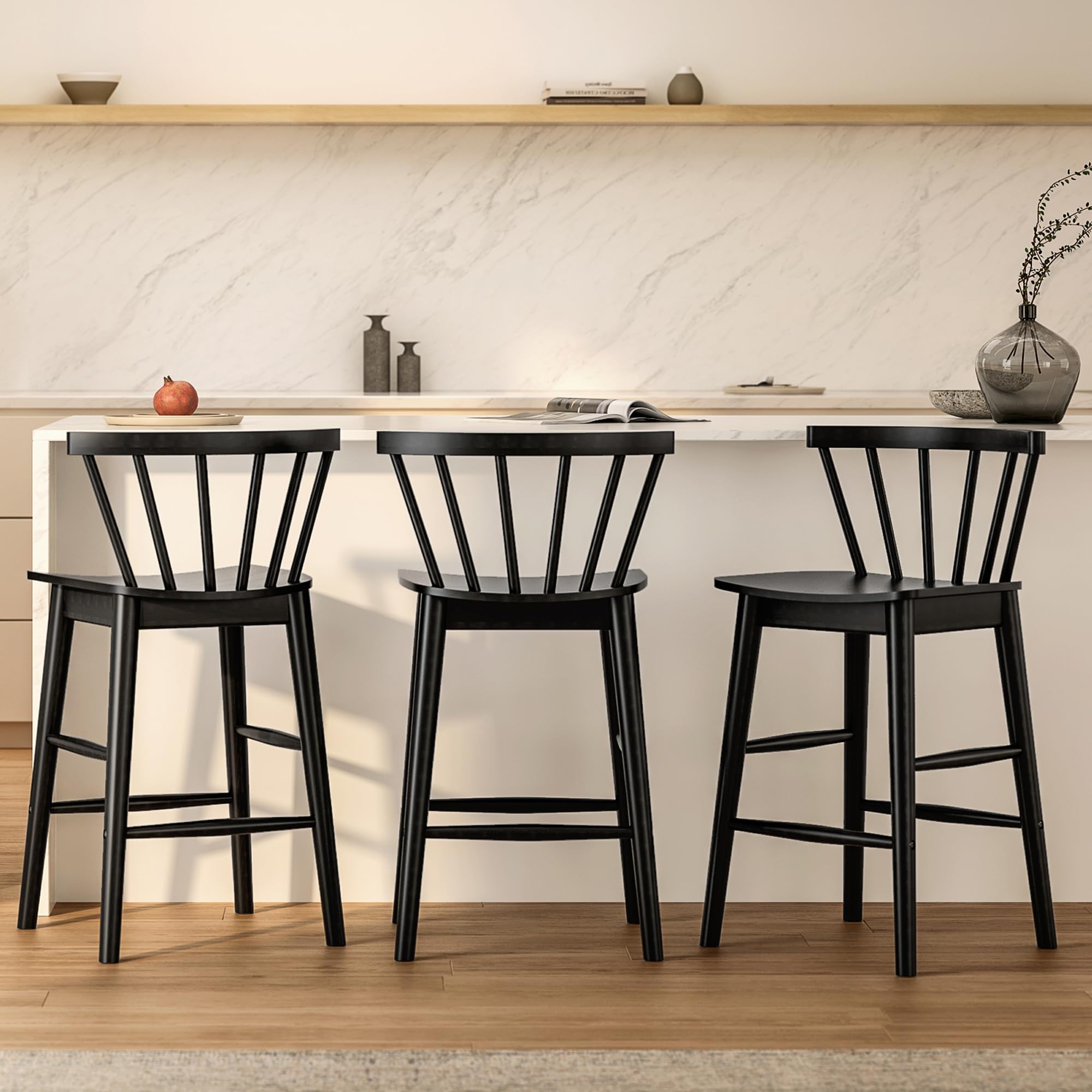 Modern Bar Stools Set of 2, 24" Wooden Counter Height Barstools, Modern Armless Farmhouse Bar Dining Chairs with Back & Footrest for Kitchen Island Pub, Natural Oak
