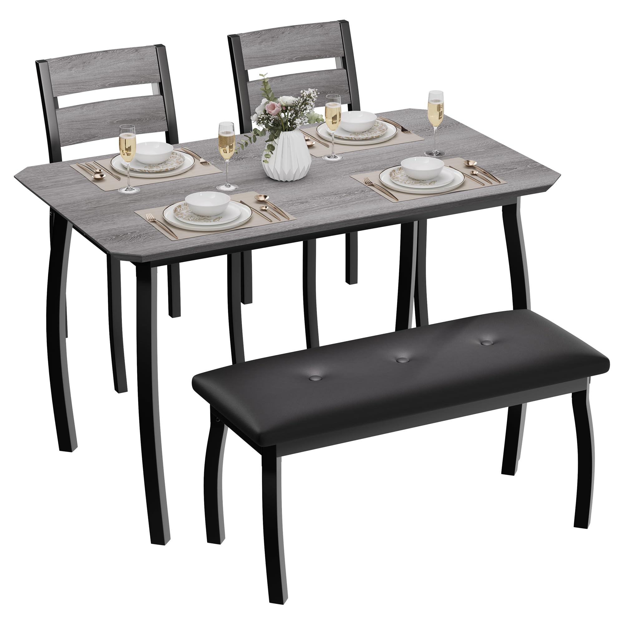 Garvee Dining Table for 4, 3-Piece Kitchen Table Set with Wooden Tabletop and Metal Frame, Industrial Retro Kitchen Table with 2 PU Leather Benches for Bar, Dining Room, Restaurant-Black