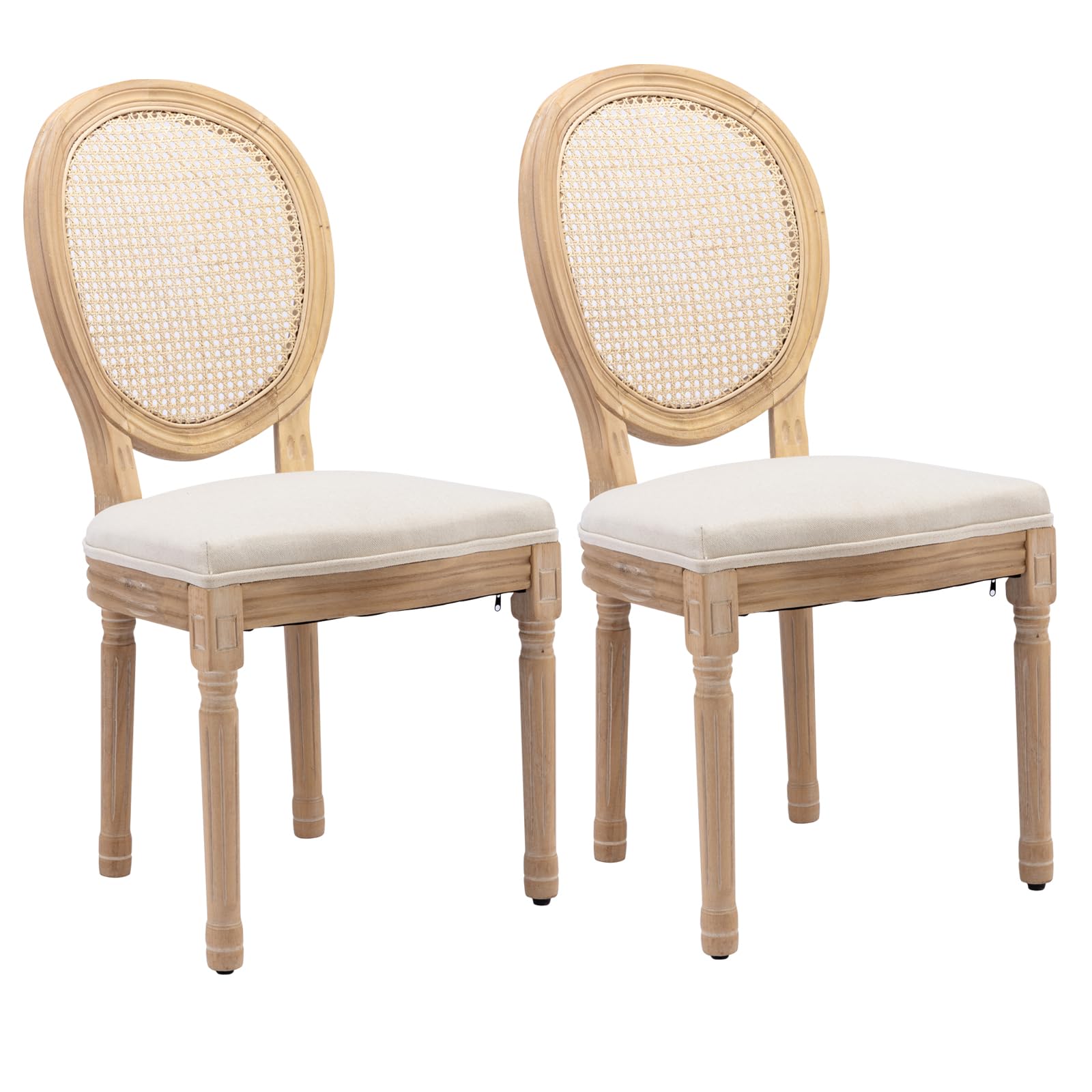 French Country Dining Chairs Set of 4，Fabric Upholstered Dining Chair with Round Back and Solid Leg, Rattan Kitchen Chairs for Dining Room, Living Room, Kitchen, Olive Green