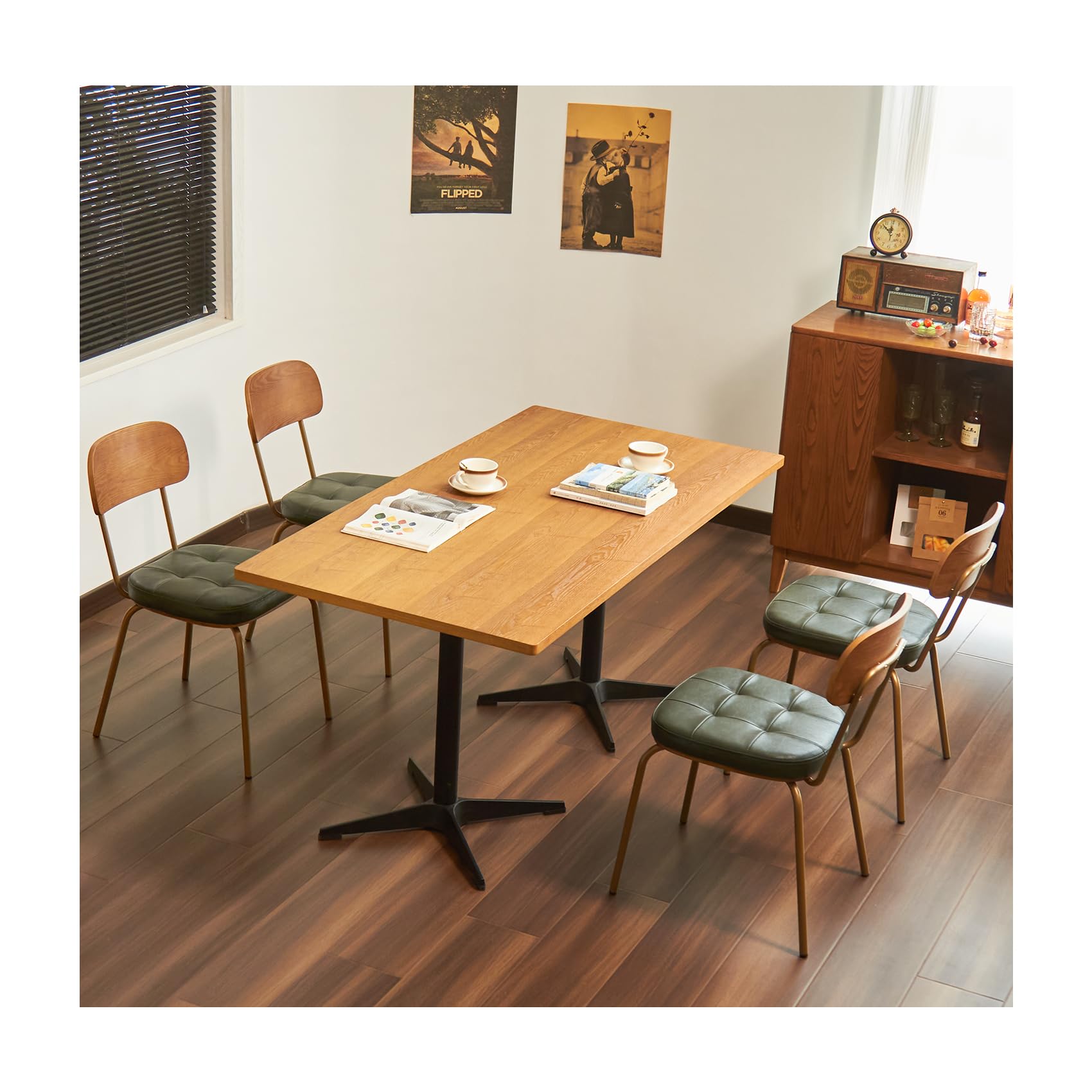 Mid Century Modern Dining Chairs Set of 2, Retro Chair with Faux Leather Upholstered Seat & Solid Wood Backrests & Vintage Distressing Metal Legs & Leg Protectors for Kitchen Dining Room (Dark Green)