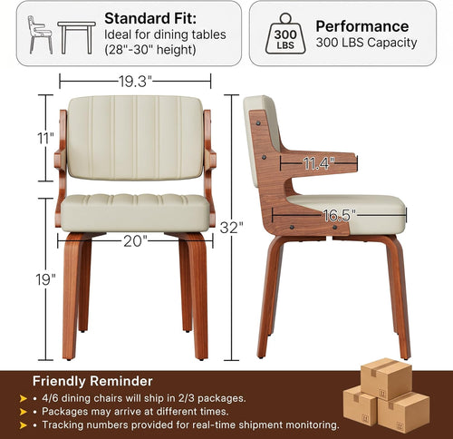 Dining Chairs Set of 1, Mid-Century Modern Upholstered PU Leather Kitchen Chair, Hanging Handrails, Walnut Bentwood Legs and Faux Leather Sponge Back for Kitchen Dining Room Living Room, Beige