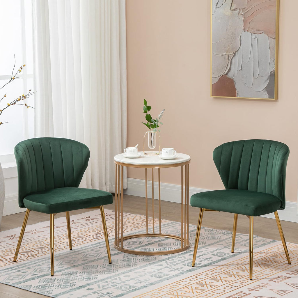Velvet Dining Chairs Set of 2, Modern Upholstered Vanity Chairs with Golden Metal Legs for Dining Room Kitchen Vanity Patio (Green)