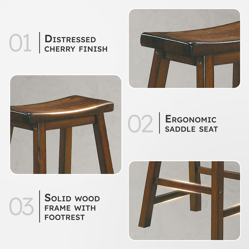 Lexicon Finnian Saddle Solid Wood Counter Height Stool Set of 2 - Saddle Kitchen Stool Dining Height Stools for Dining, Armless Counter Chair Seating, Perfect Casual - 23.5" SH Distressed Cherry