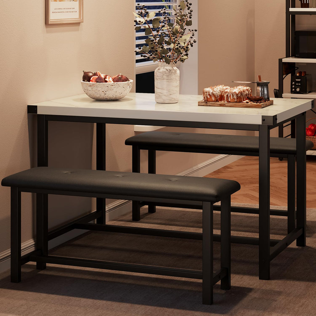 IDEALHOUSE Dining Table Set for 4, Kitchen Table with Benches, Rectangular Dining Room Table Set with 2 Metal Wood Benches, 3 Piece Dining Table Set for Small Space, Apartment, Dinette, Retro Gray