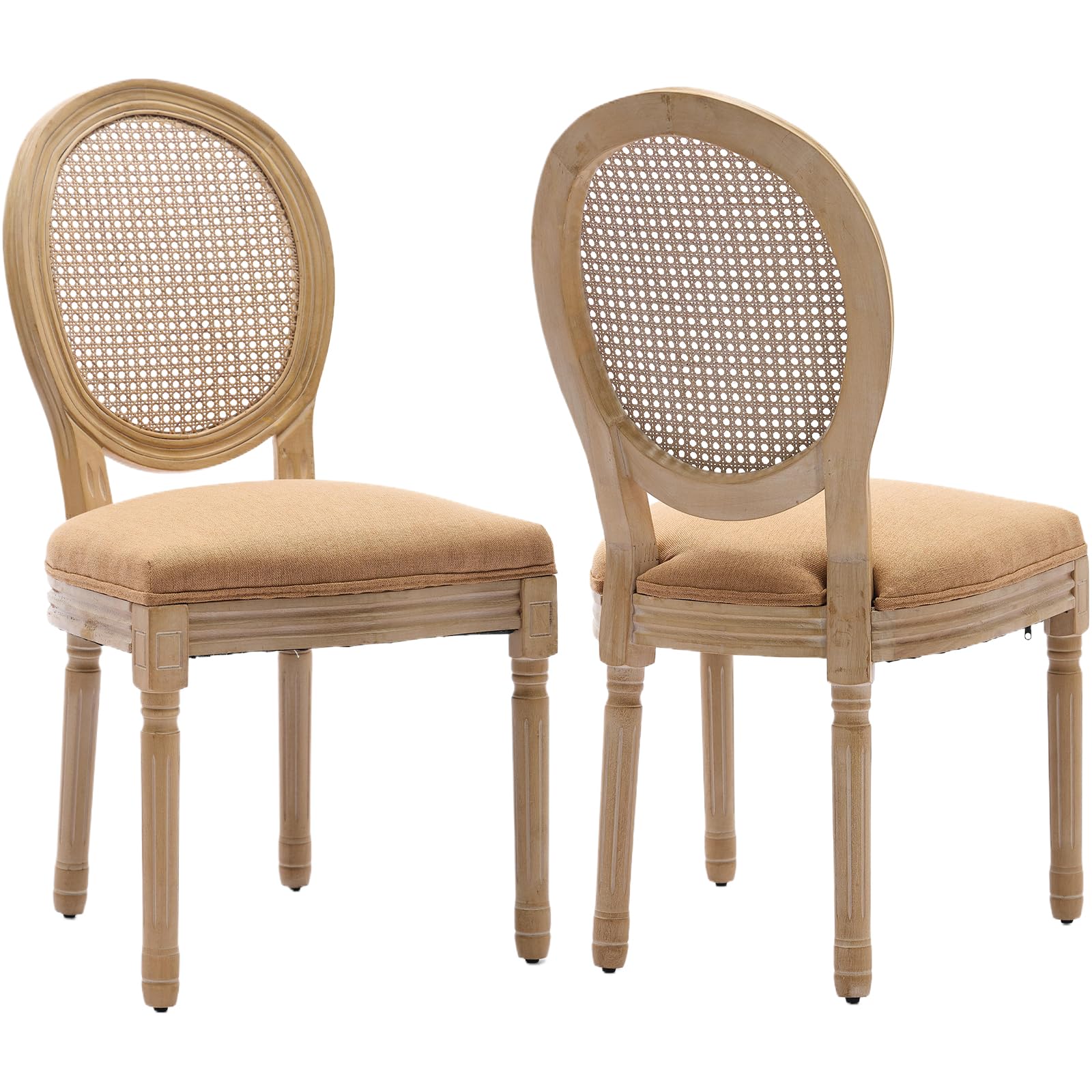 Vintage French Rattan Dining Chairs Set of 4, Solid Wood Frame with Round Rattan Back and Linen Upholstered Seat, Farmhouse Accent Sillas de Comedor Side Chairs for Dining Room & Kitchen, Beige