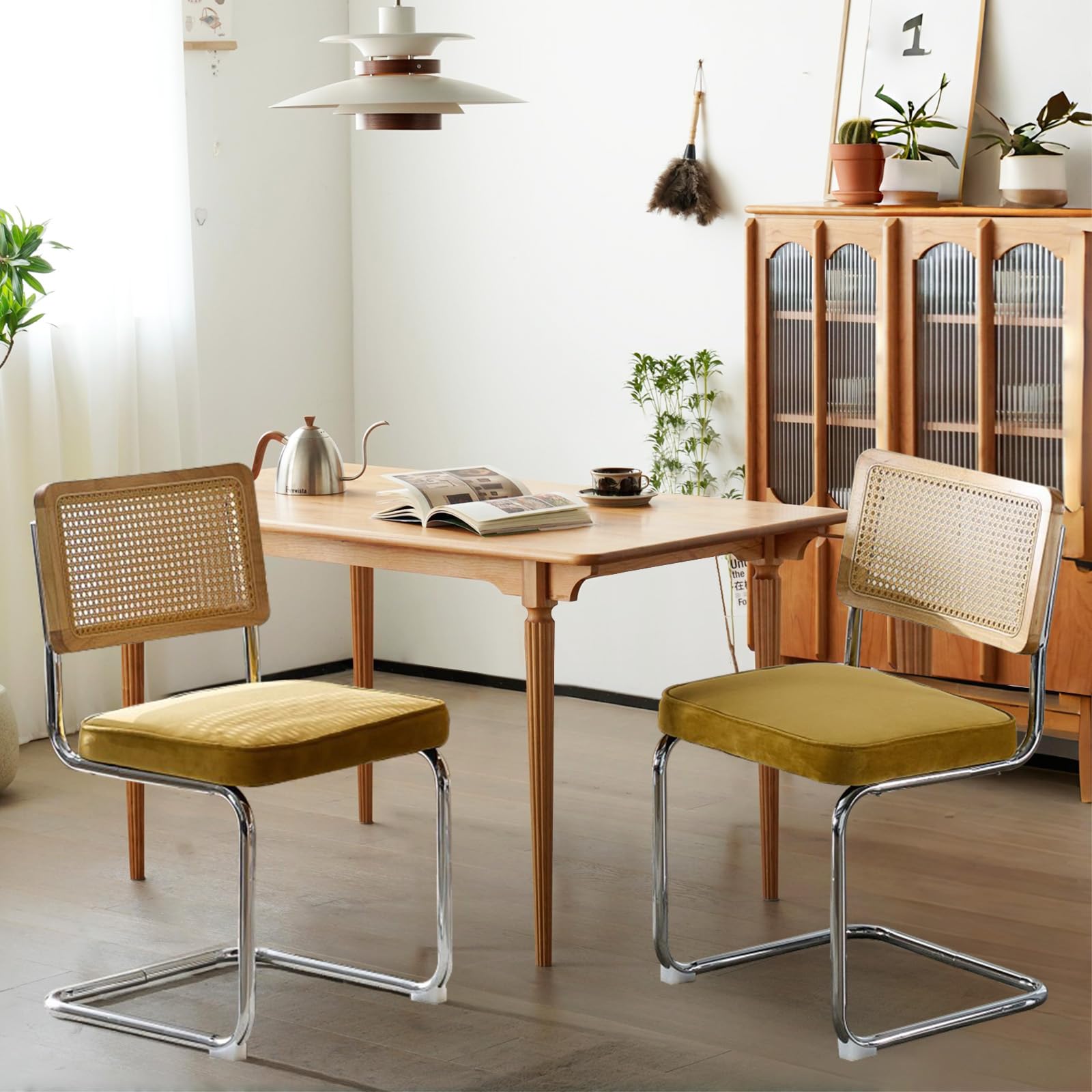 Rattan Dining Chairs Set of 4,Upholstered Mid-Century Modern Dining Room Chairs with Cane Backrest,Retro Velvet Kitchen Chairs with Stainless Chrome Base,Green