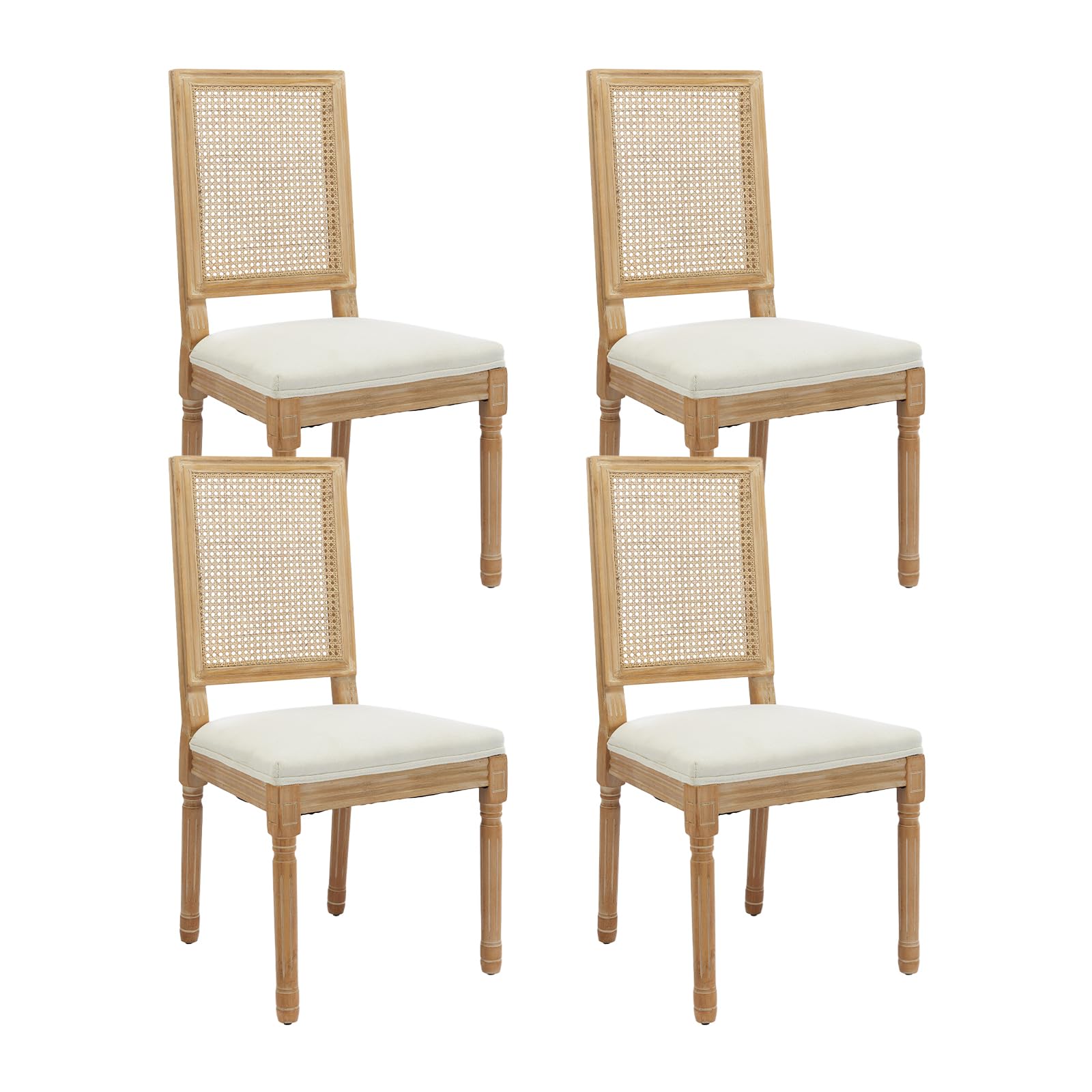 French Country Dining Chairs Set of 4，Fabric Upholstered Dining Chair with Round Back and Solid Leg, Rattan Kitchen Chairs for Dining Room, Living Room, Kitchen, Olive Green
