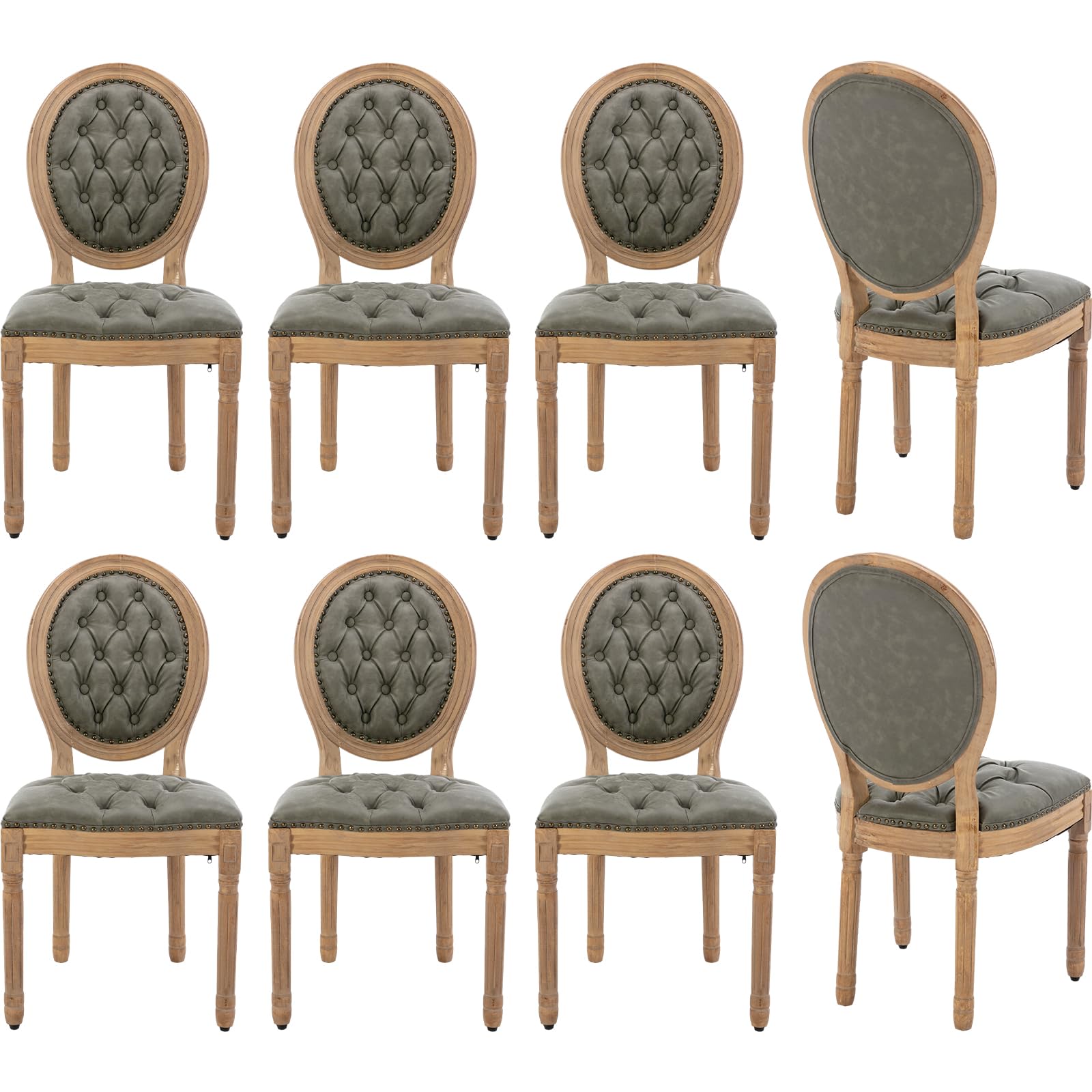 Vintage French Rattan Dining Chairs Set of 4, Solid Wood Frame with Round Rattan Back and Linen Upholstered Seat, Farmhouse Accent Sillas de Comedor Side Chairs for Dining Room & Kitchen, Beige