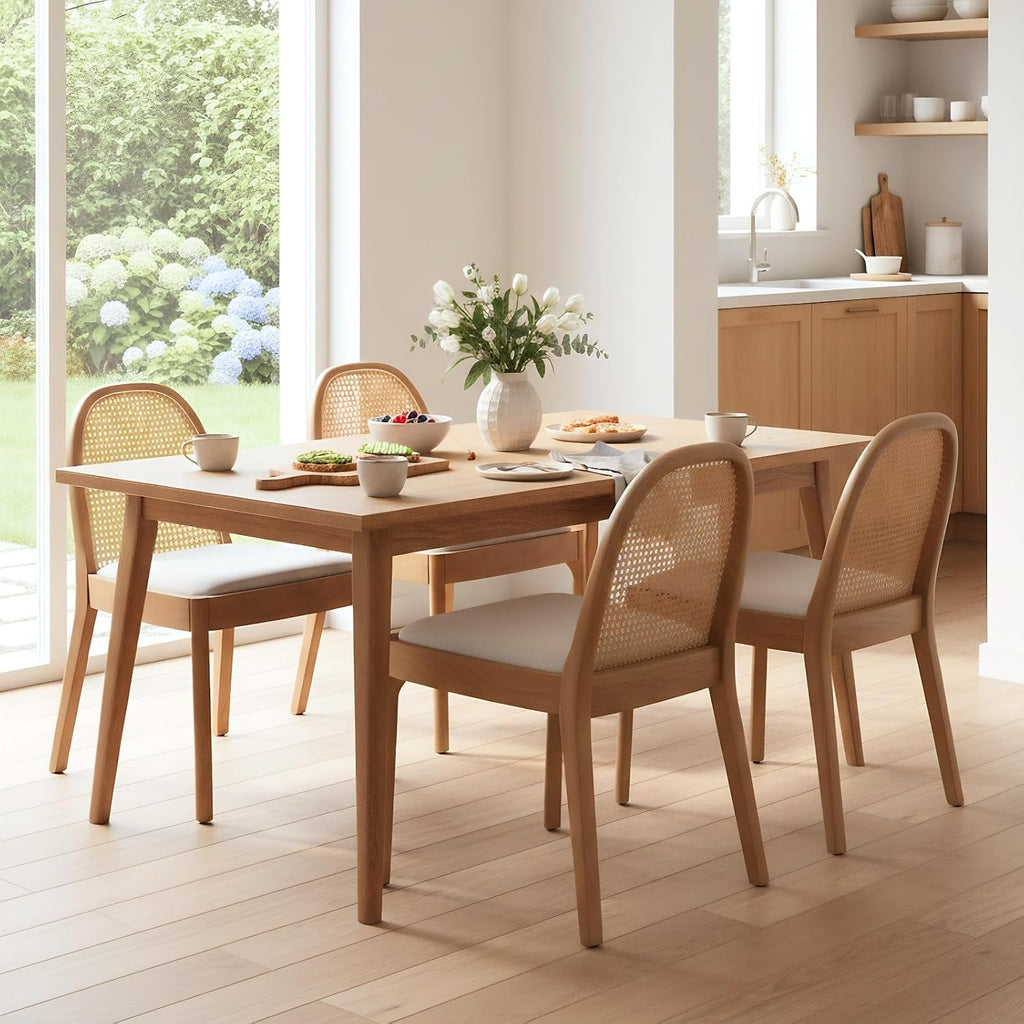 HEAH-YO Rattan Dining Chairs Set of 2, Upholstered Linen Dining Room Chairs with Backrests, Modern Kitchen Chairs with Wood Legs for Dining Room, Beige