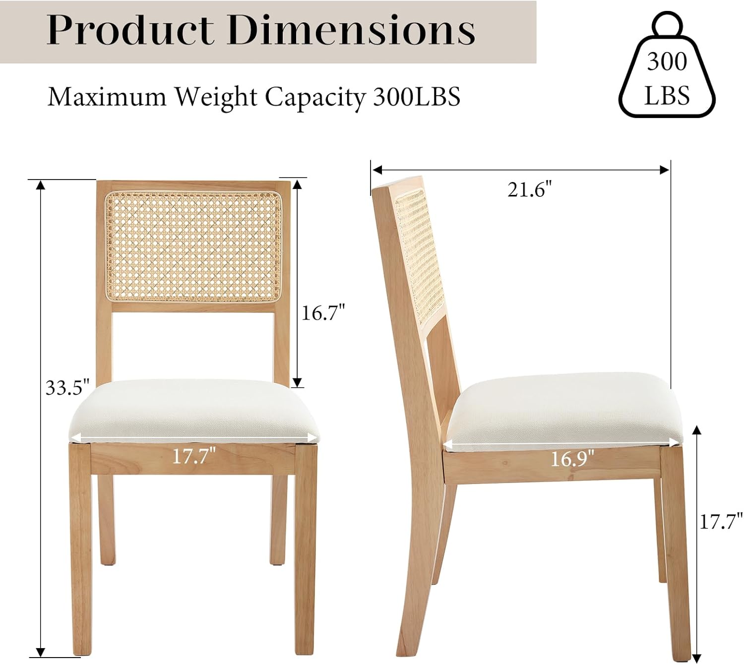 Farmhouse Rattan Dining Chairs Set of 4,Cane Back Kitchen Dining Room Chairs, Upholstered Mid Century Modern Rattan Chair Comfy Side Wood Chair for Living Room/Restaurant, Linen Fabric, Beige