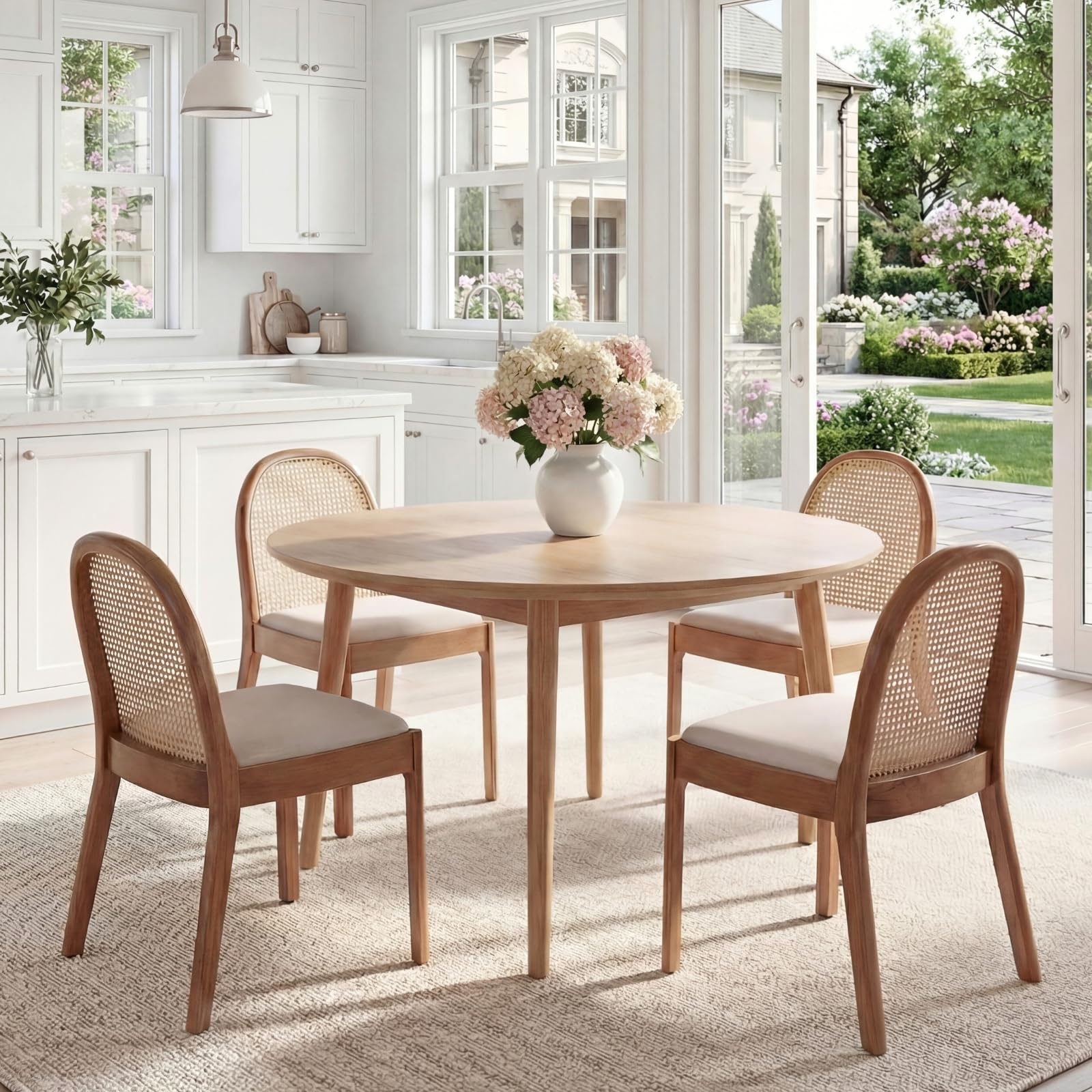 HEAH-YO Rattan Dining Chairs Set of 2, Upholstered Linen Dining Room Chairs with Backrests, Modern Kitchen Chairs with Wood Legs for Dining Room, Beige
