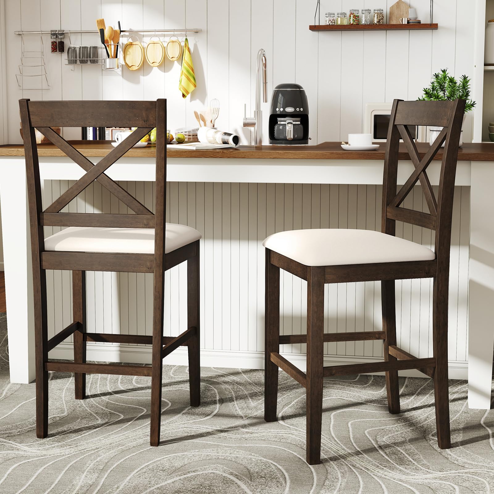 Giantex 24" Bar Stools Set of 4, Farmhouse Counter Height Barstools w/Footrest, Cross Back, Comfortable Linen Cushion, Upholstered Wood Bar Chairs for Kitchen Island Dining Room Cafe, Walnut & Beige