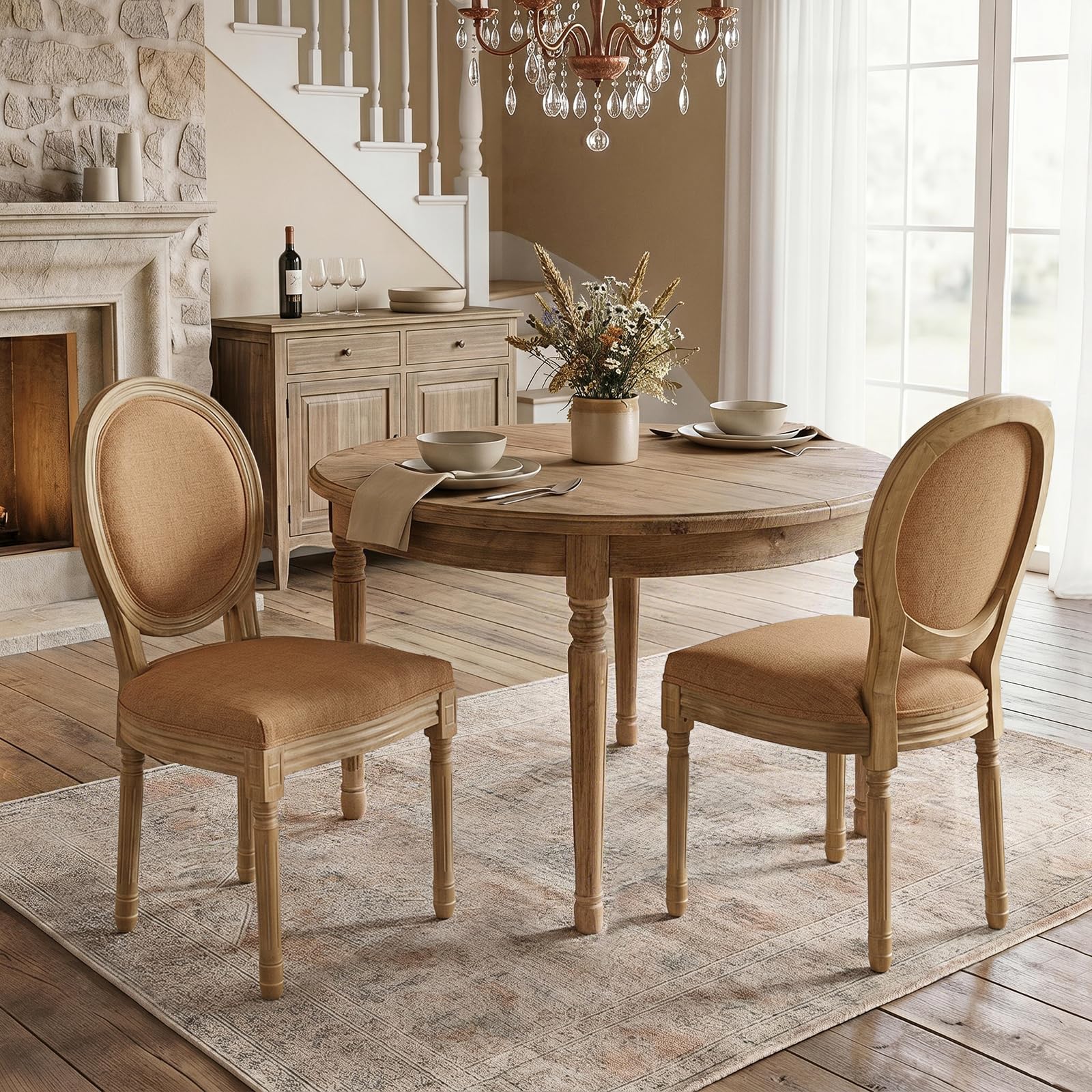 SoarFlash French Dining Chairs Set of 2, Vantage Dining Chair with Round Back, Wood Leg Farmhouse Country Rattan Dining Chair for Kitchen,Bedroom,Beige