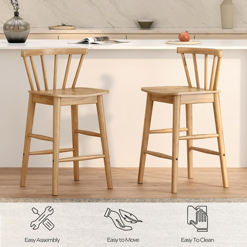 EYYTHUNG Wood Bar Stools Set of 3, Farmhouse 24" Barstool Counter Stools with Curved Back Counter Chairs for Kitchen Islands Dining Room, Natural Oak