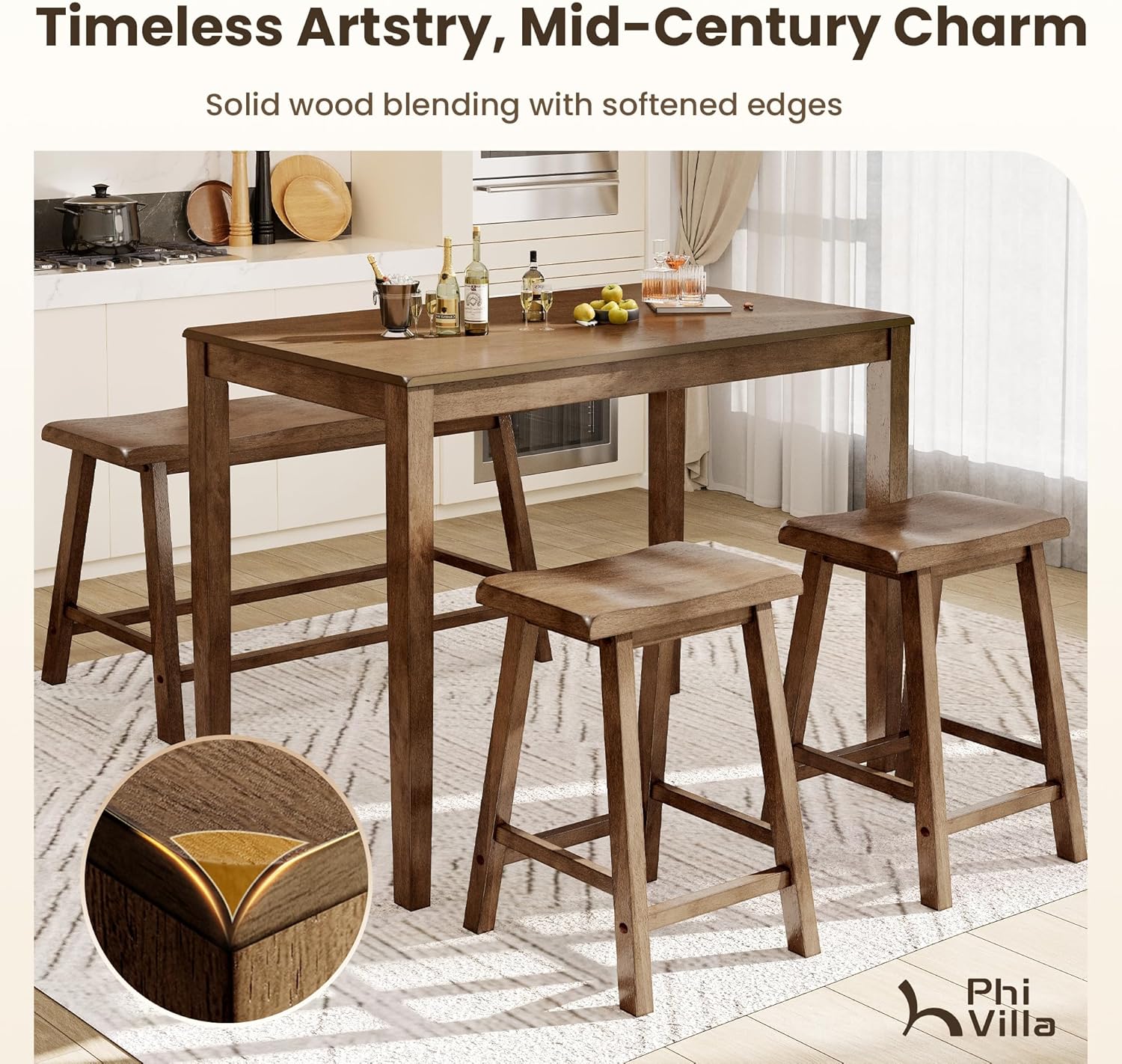 PHI VILLA Farmhouse Dining Table Set for 4 Small Space, Counter Height Table and Chairs with Bench, Rustic Solid Wood High Top Kitchen Table Set for Dining Room and Kitchen, Rustic Caramel Brown