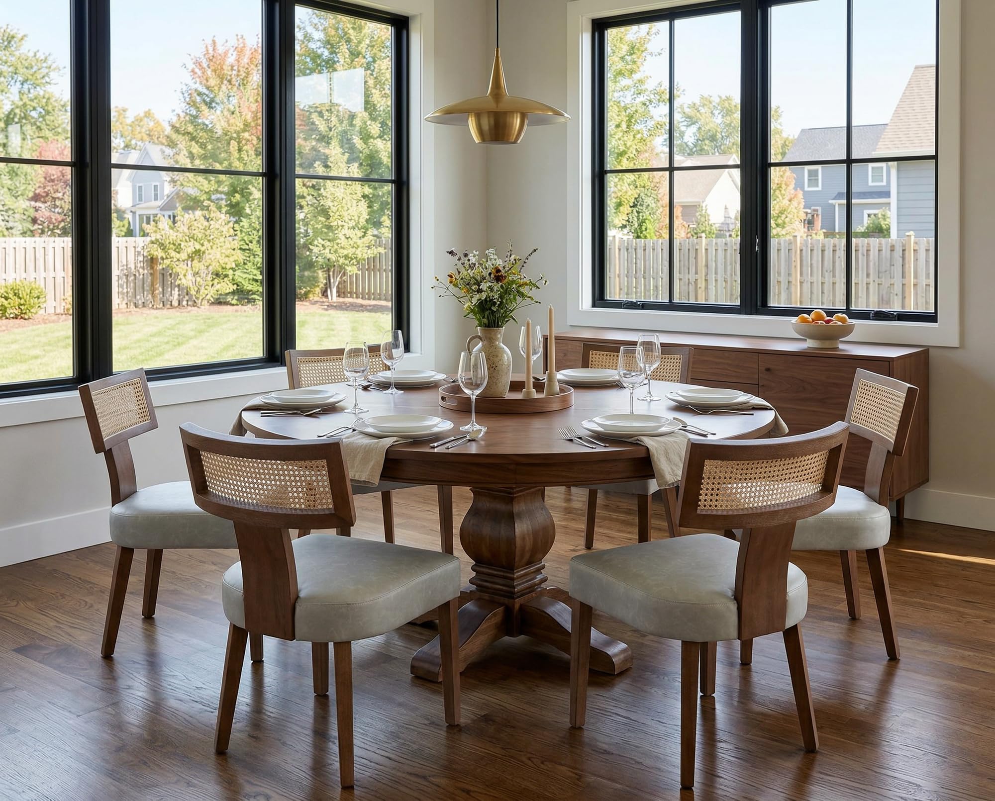 RIVOVA Rattan Dining Chairs Set of 4, Mid Century Modern Dining Chair Upholstered Linen Fabric Kitchen Side Chair, Modern Kitchen Armless Solid Wood Dining Chairs, Beige