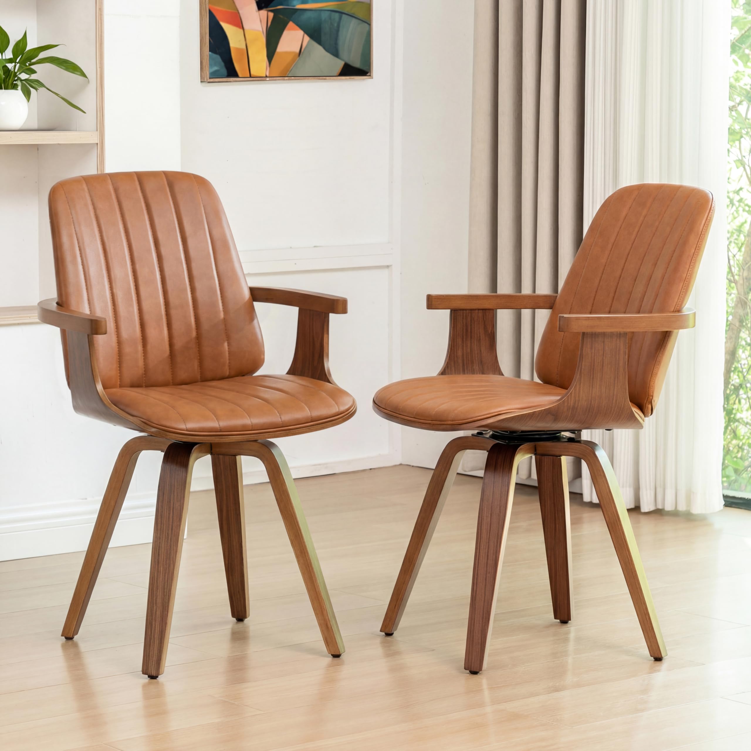 WUPOTO Set of 1 MCM Dining Chair, Mid Century Modern Chair with Walnut Craftsmanship, Upholstered Faux Leather, Wooden Arms and Legs, Faux Leather Dining Chair for Kitchen/Living Room - Green