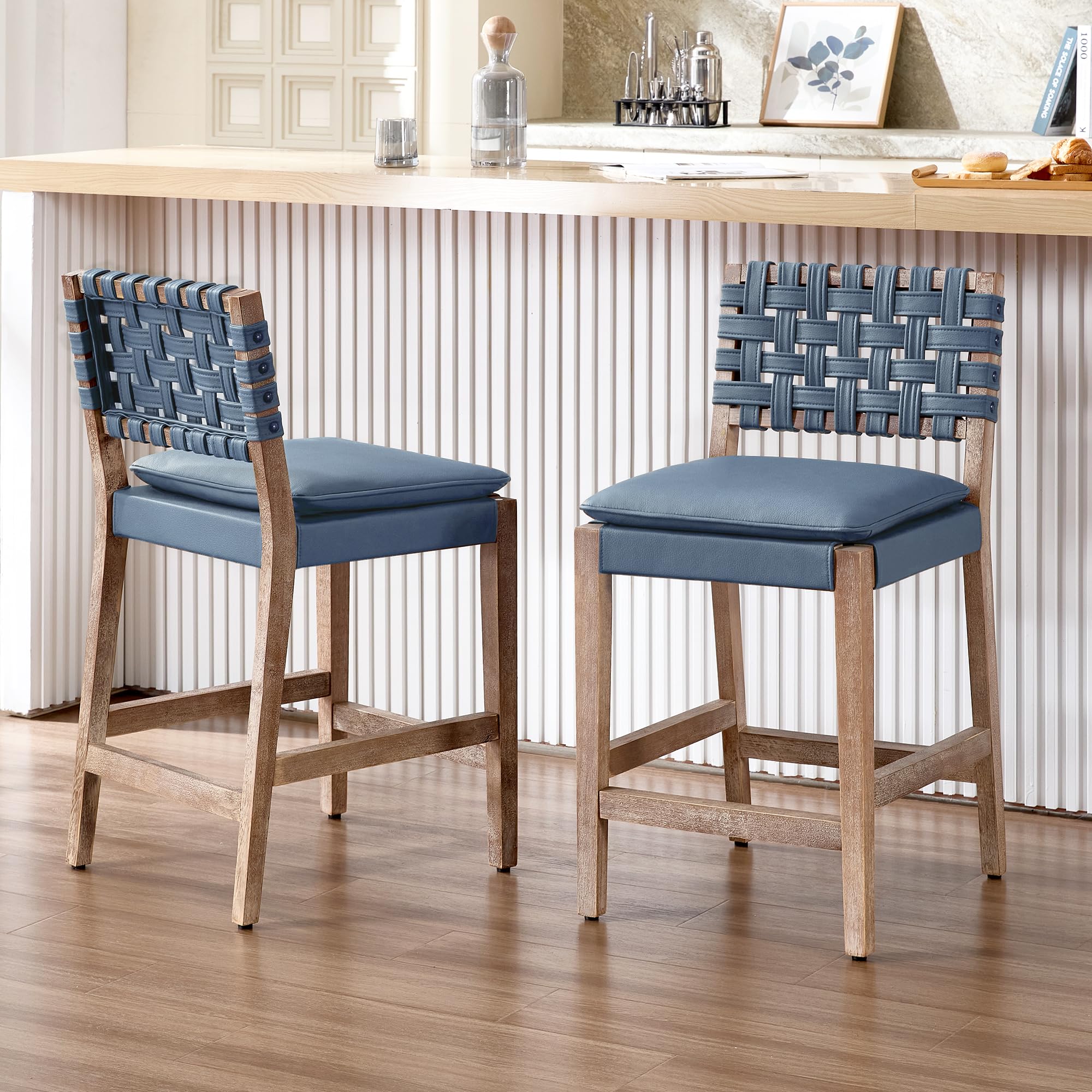 Modern Bar Stools Set of 2 Counter Height Barstools High Back Mid-Century Faux Leather Bar Chairs Solid Wood Kitchen Bar Stools for Kitchen Island Leather Beige 24IN
