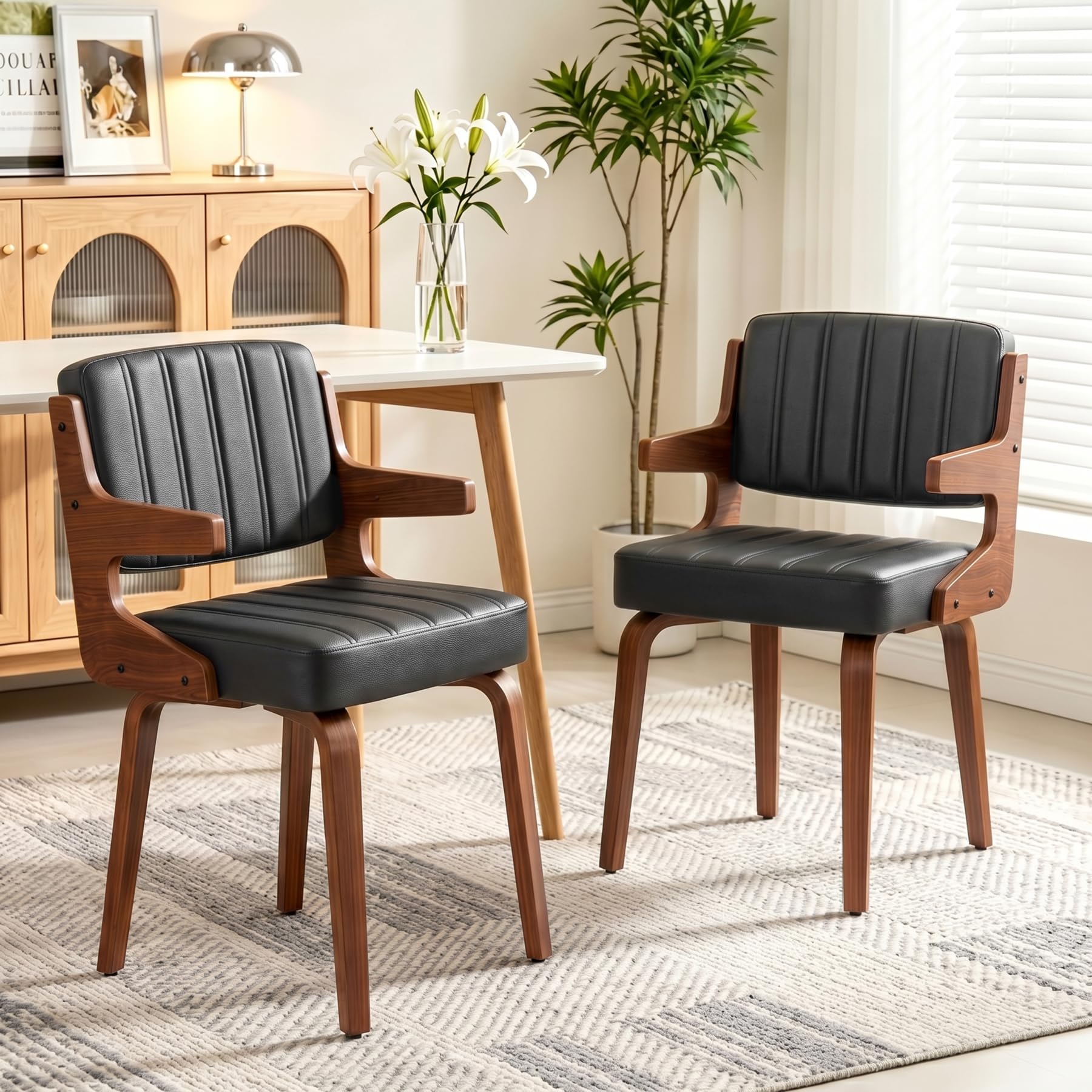 Dining Chairs Set of 1, Mid-Century Modern Upholstered PU Leather Kitchen Chair, Hanging Handrails, Walnut Bentwood Legs and Faux Leather Sponge Back for Kitchen Dining Room Living Room, Beige