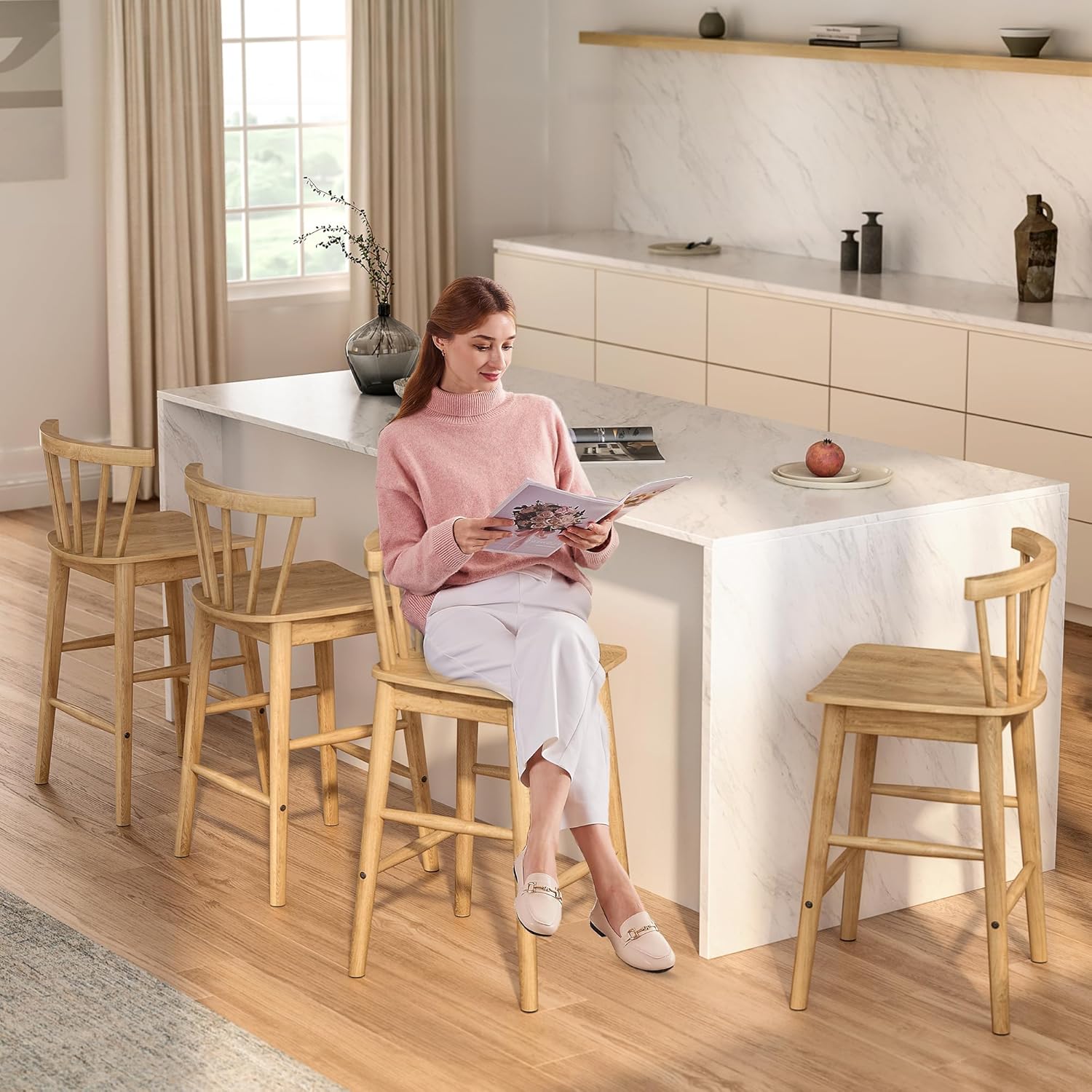 EYYTHUNG Wood Bar Stools Set of 3, Farmhouse 24" Barstool Counter Stools with Curved Back Counter Chairs for Kitchen Islands Dining Room, Natural Oak