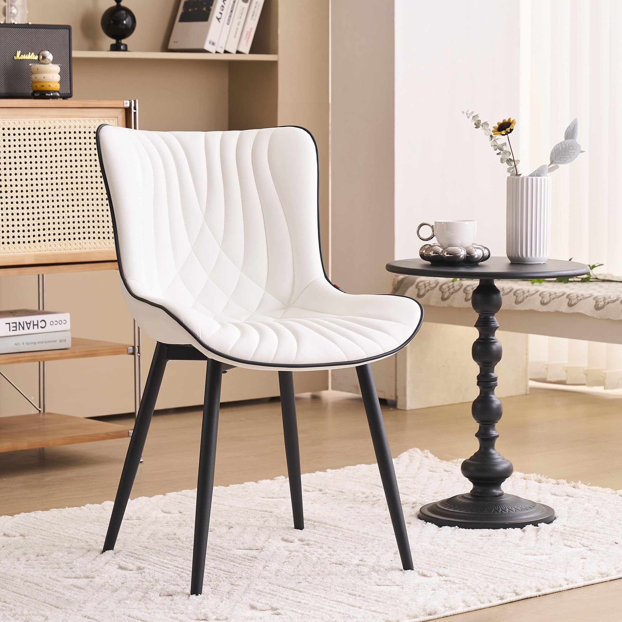 YOUTASTE Cream Dining Chairs Set of 2, Mid Century Modern Comfy Kitchen Chair, Upholstered Faux Leather, Cream Metal Legs, Armless Accent Chairs for Bedroom Vanity Lounge