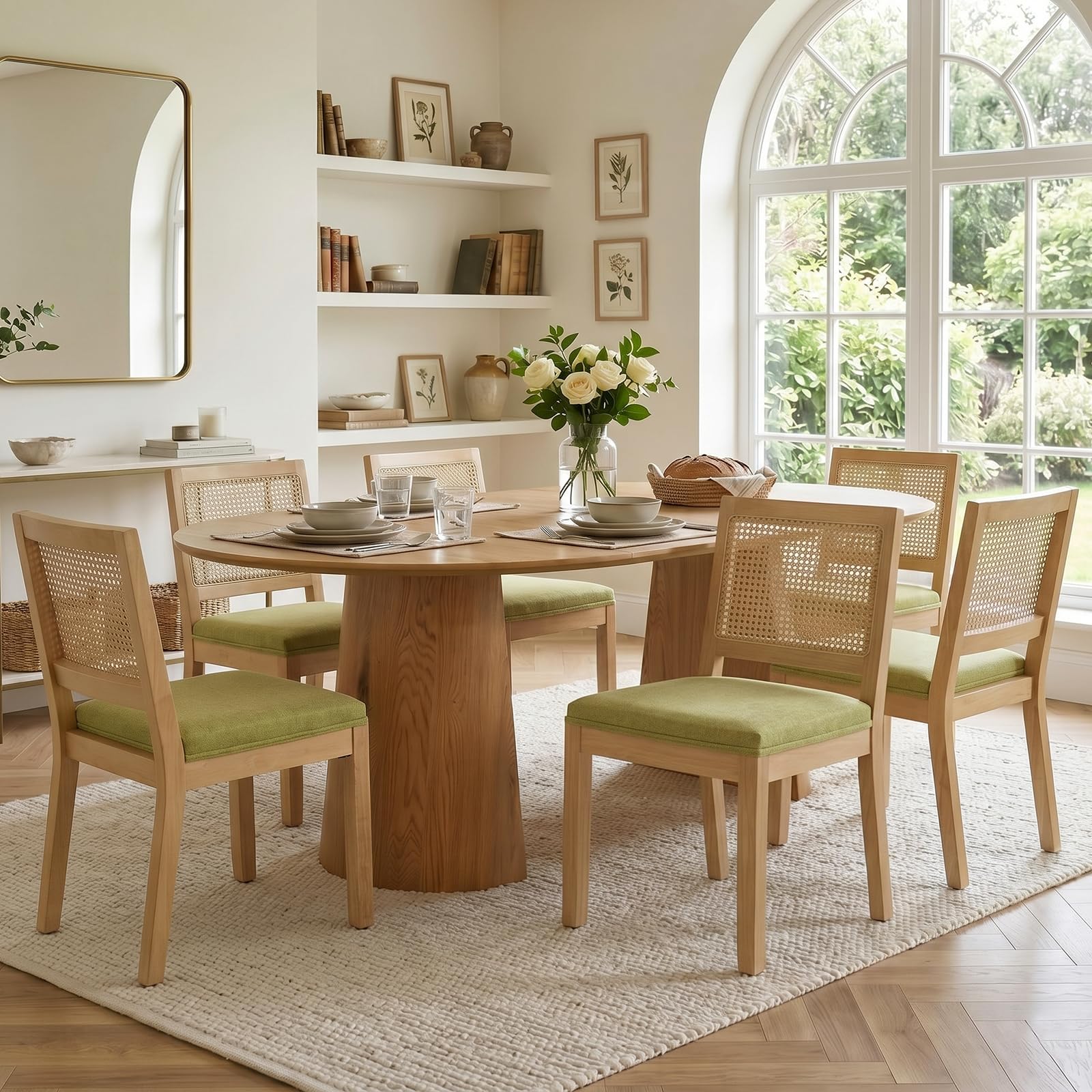 Rattan Back Upholstered Dining Chairs Set of 4 French Country Oval Kitchen Side Chairs with Wood Legs for Dining Room, Kitchen, Restaurant(Beige-Rattan)