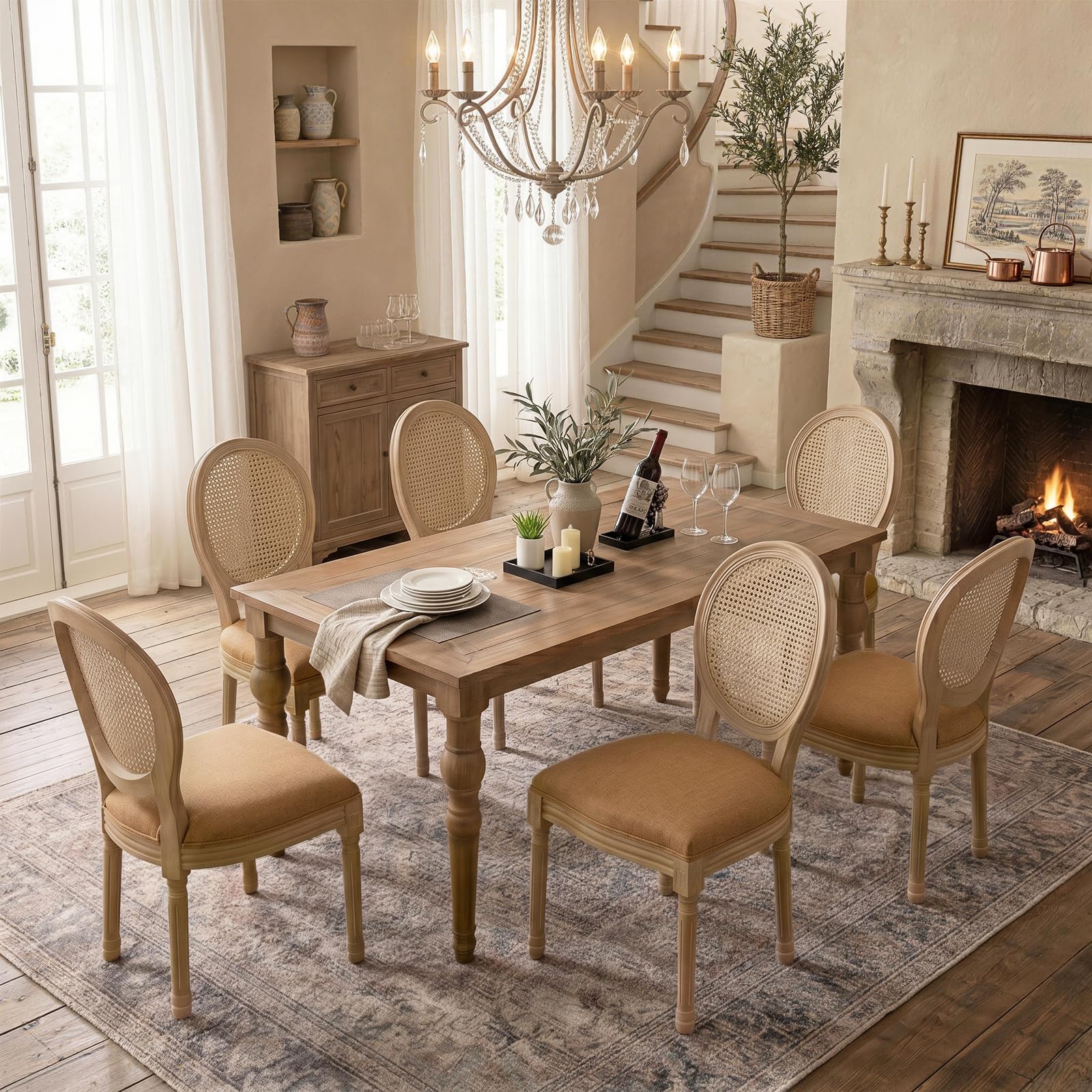 SoarFlash French Dining Chairs Set of 2, Vantage Dining Chair with Round Back, Wood Leg Farmhouse Country Rattan Dining Chair for Kitchen,Bedroom,Beige