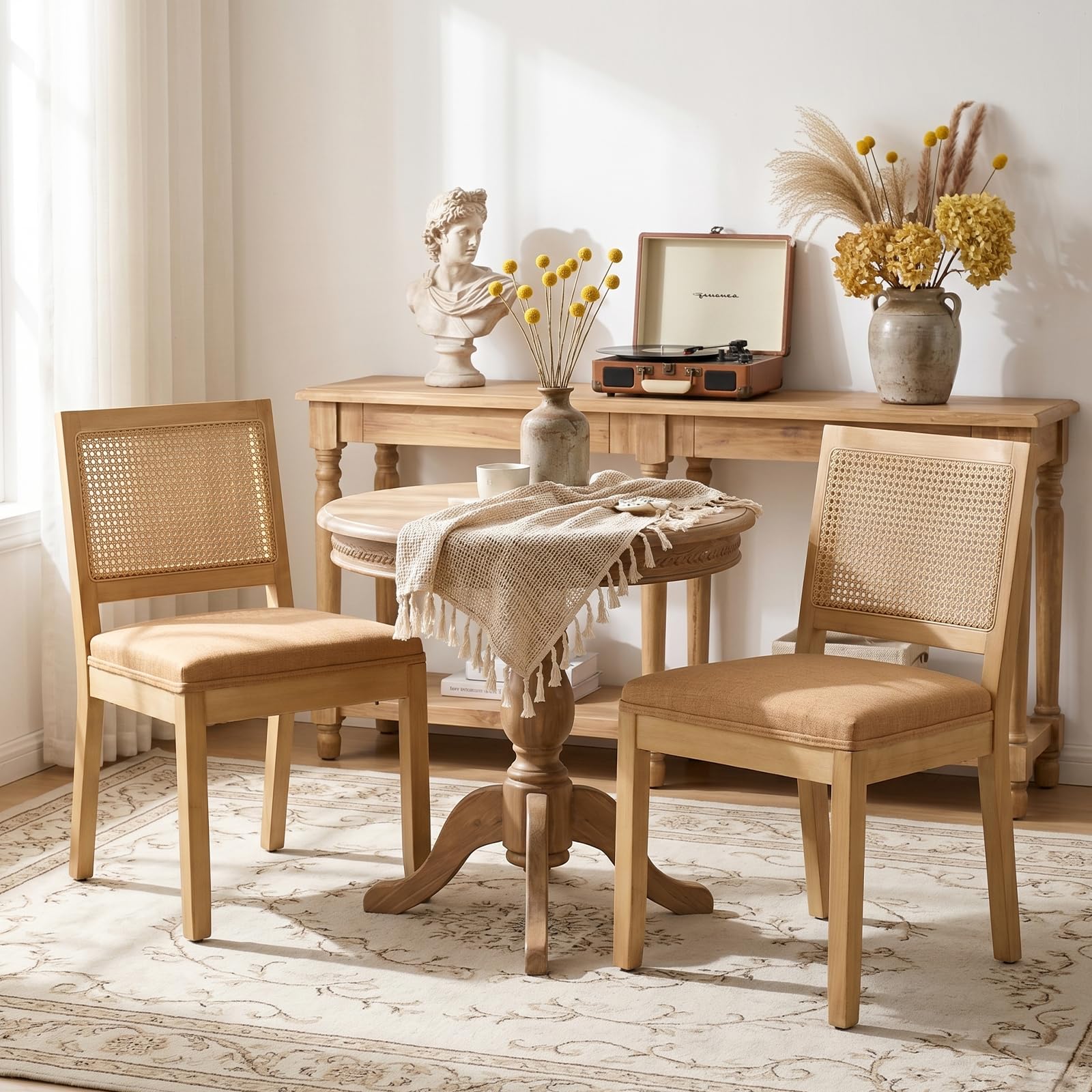 Rattan Back Upholstered Dining Chairs Set of 4 French Country Oval Kitchen Side Chairs with Wood Legs for Dining Room, Kitchen, Restaurant(Beige-Rattan)
