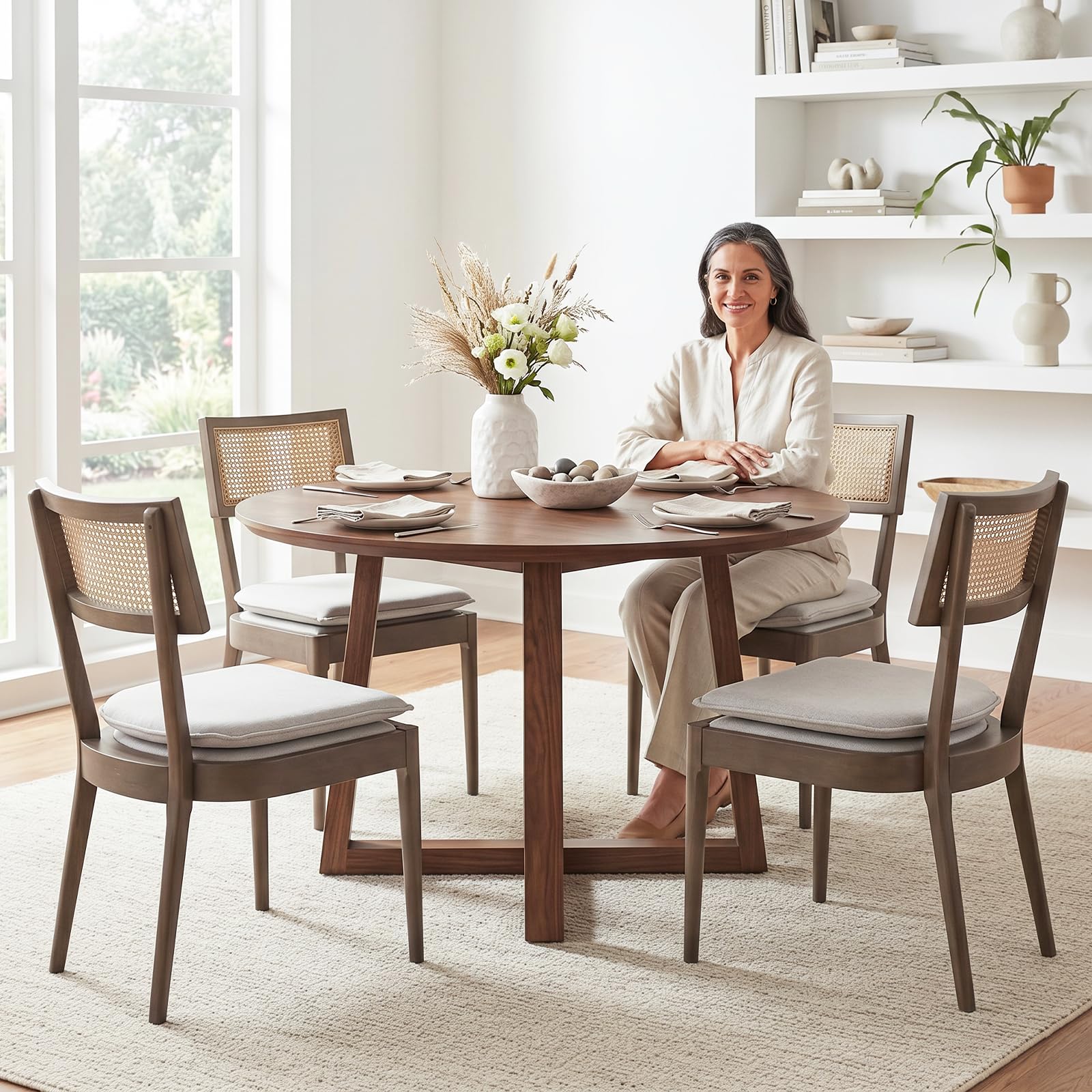Hyfirm Rattan Dining Chairs Set of 2, Cane Back Wooden Kitchen Chairs with Bamboo Wicker Seat Mid Century Modern Side Chairs with Arms, Walnut