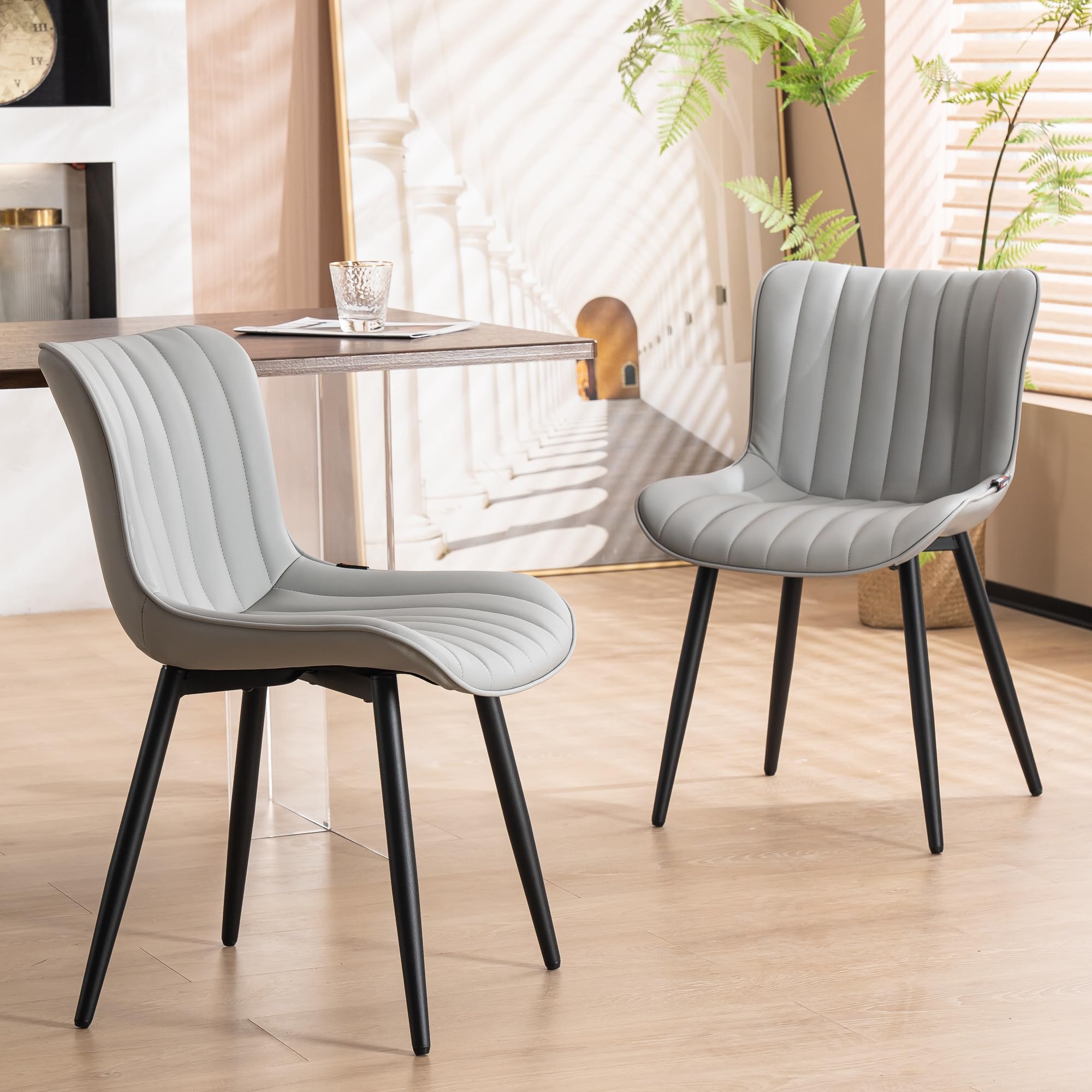 YOUNUOKE Mid-Century Modern Dining Chairs Set of 2, Blue PU Leather Upholstered Kitchen Chairs with Black Metal Legs, Armless Accent Chair for Dining Room, Guest Reception Room