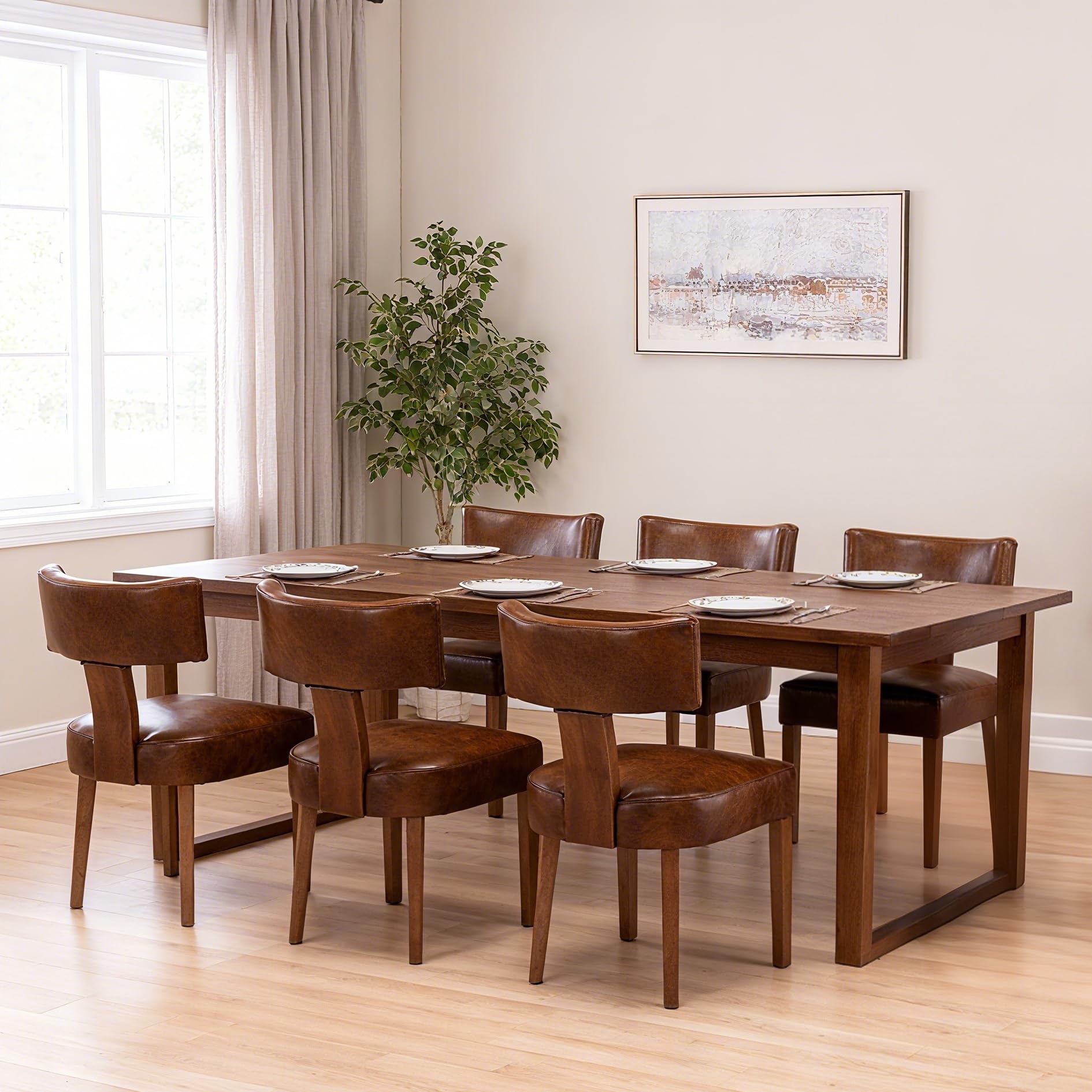 RIVOVA Rattan Dining Chairs Set of 4, Mid Century Modern Dining Chair Upholstered Linen Fabric Kitchen Side Chair, Modern Kitchen Armless Solid Wood Dining Chairs, Beige