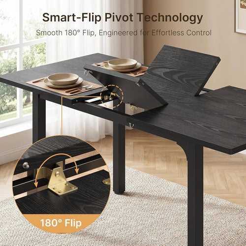 Ahomly 63“ Large Extendable Dining Table Set for 4-6 with 180° Smart-Flip Pivot, Kitchen Table Set with Bench, Dining Room Table with Metal Frame & MDF Board, Perfect for Small Space, Black