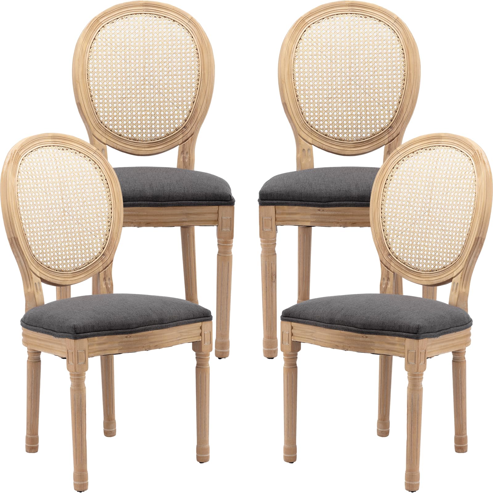 Vintage French Rattan Dining Chairs Set of 4, Solid Wood Frame with Round Rattan Back and Linen Upholstered Seat, Farmhouse Accent Sillas de Comedor Side Chairs for Dining Room & Kitchen, Beige