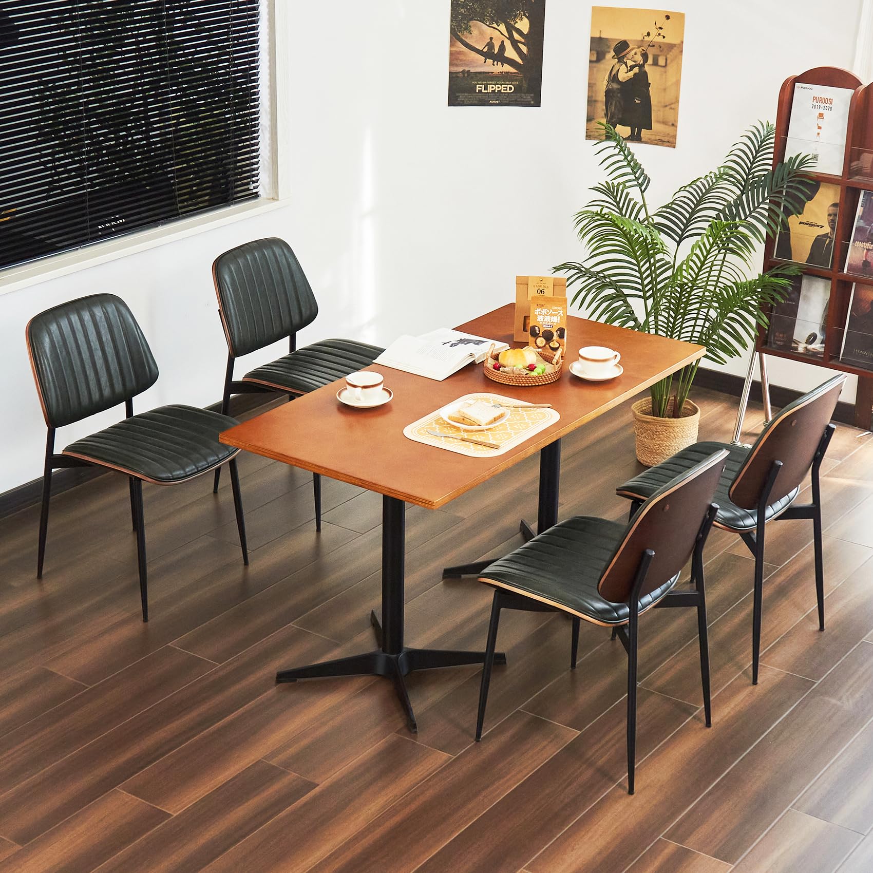 Mid Century Modern Dining Chairs Set of 2, Retro Chair with Faux Leather Upholstered Seat/Back & Metal Legs & Leg Protectors for Kitchen (Dark Green)